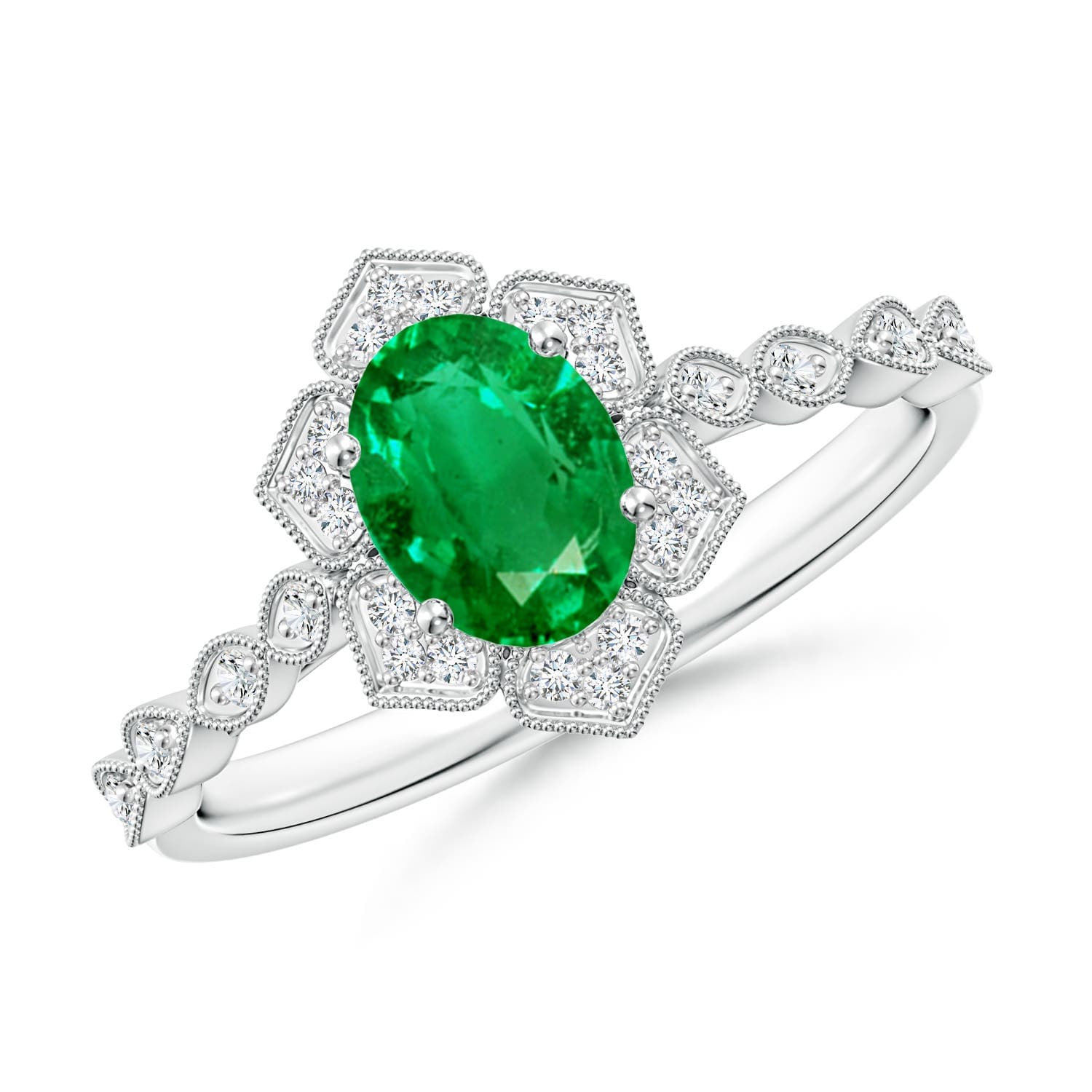 Oval Emerald Trillium Floral Shank Engagement Ring