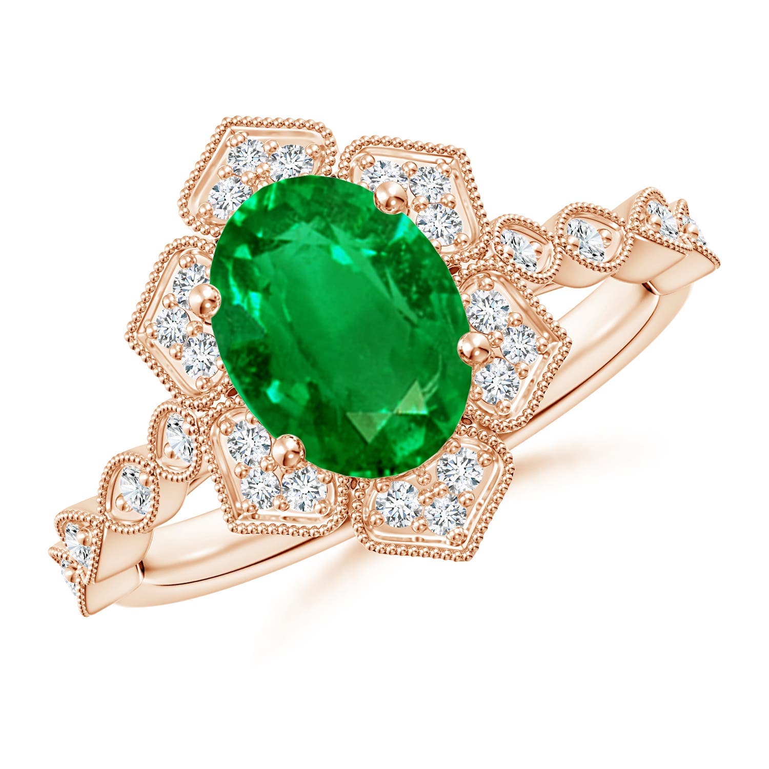 Oval Emerald Trillium Floral Shank Engagement Ring