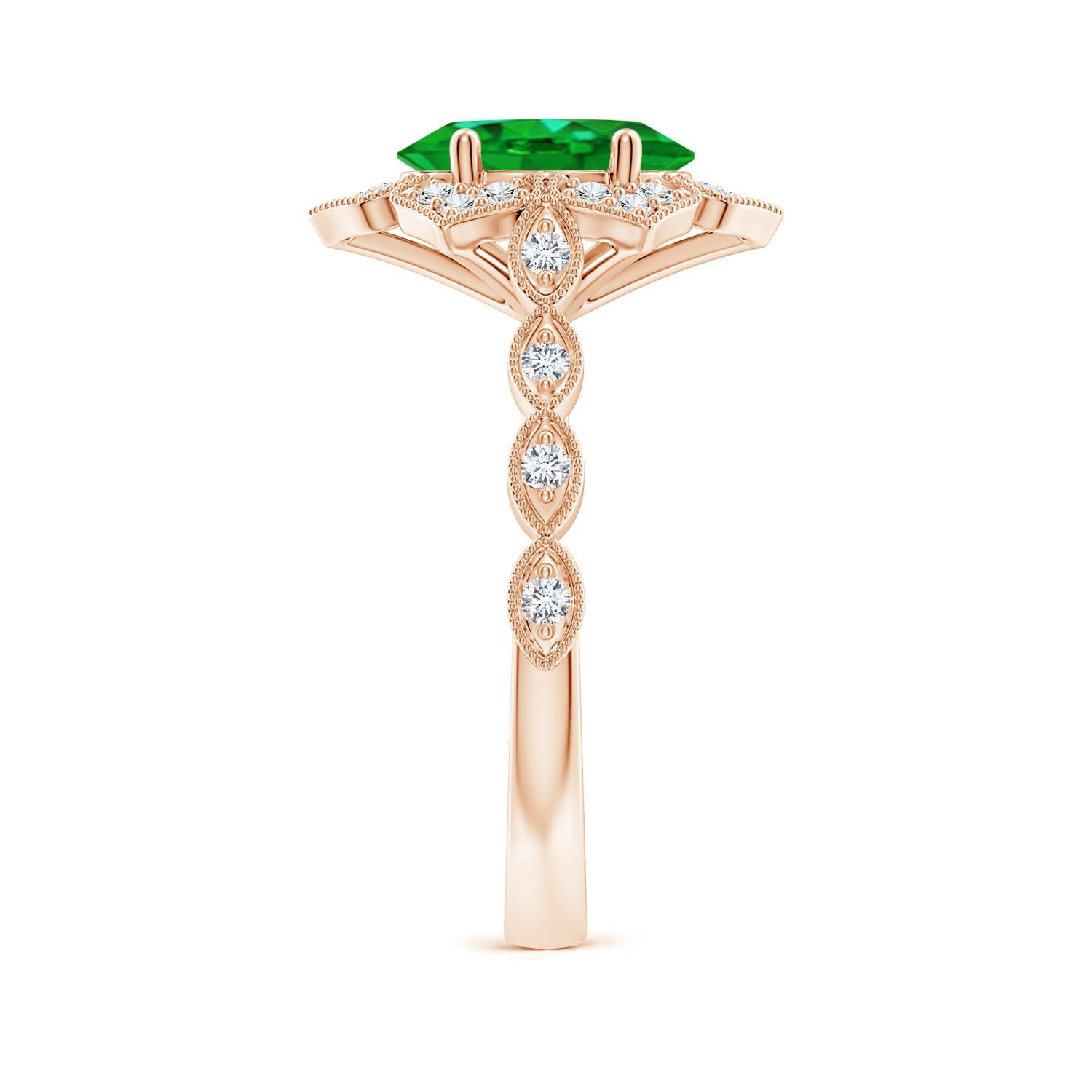 Oval Emerald Trillium Floral Shank Engagement Ring