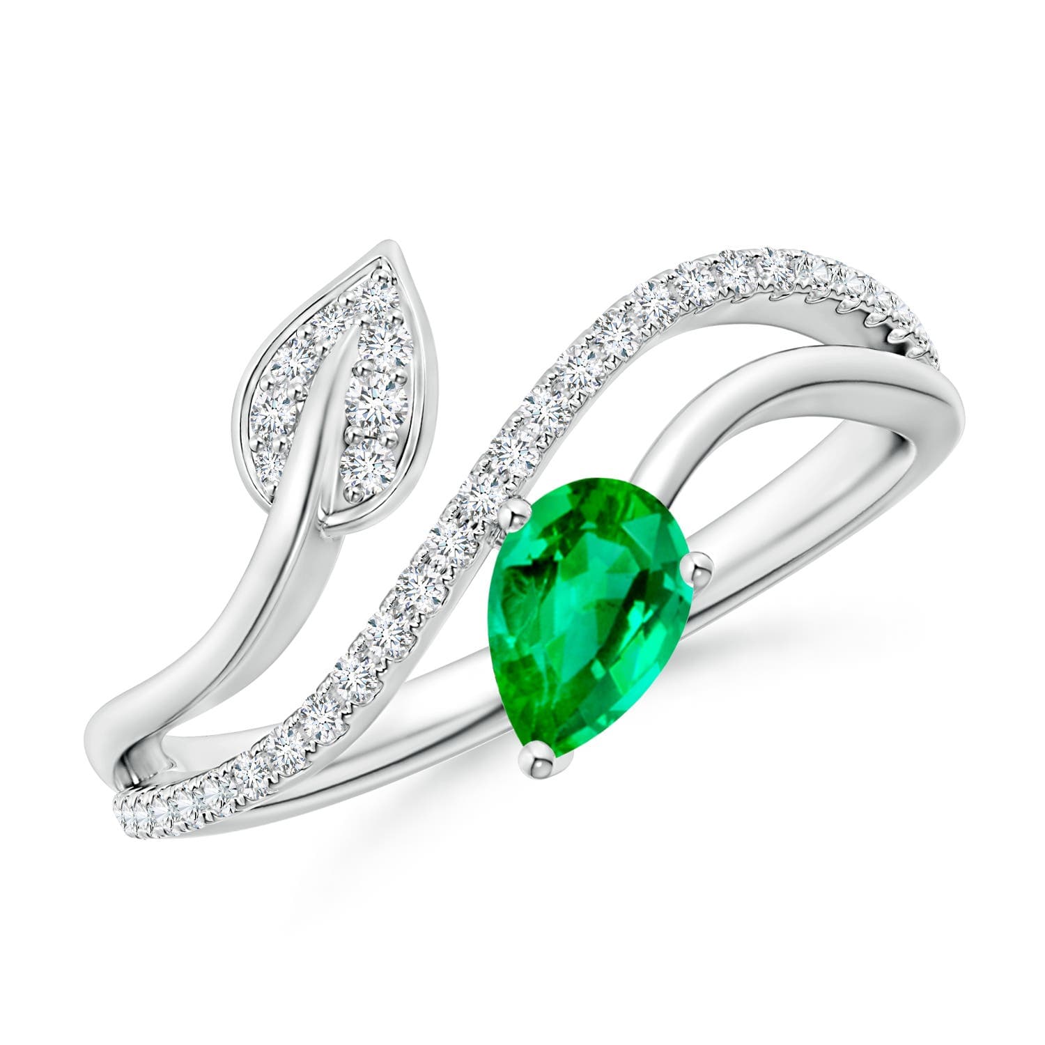 Emerald and Diamond Bypass Ring with Leaf Motif