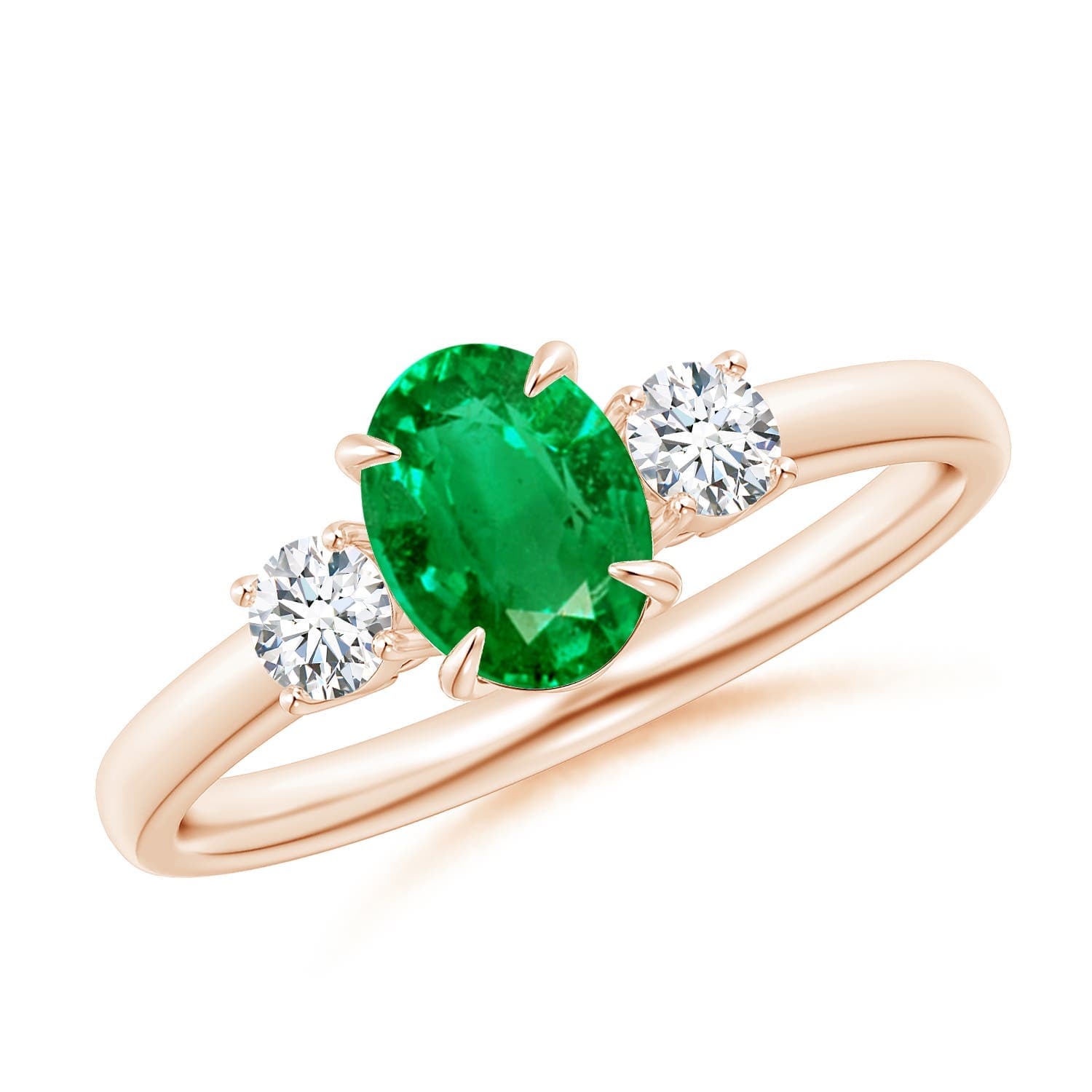 Oval Emerald and Round Diamond Three Stone Engagement Ring