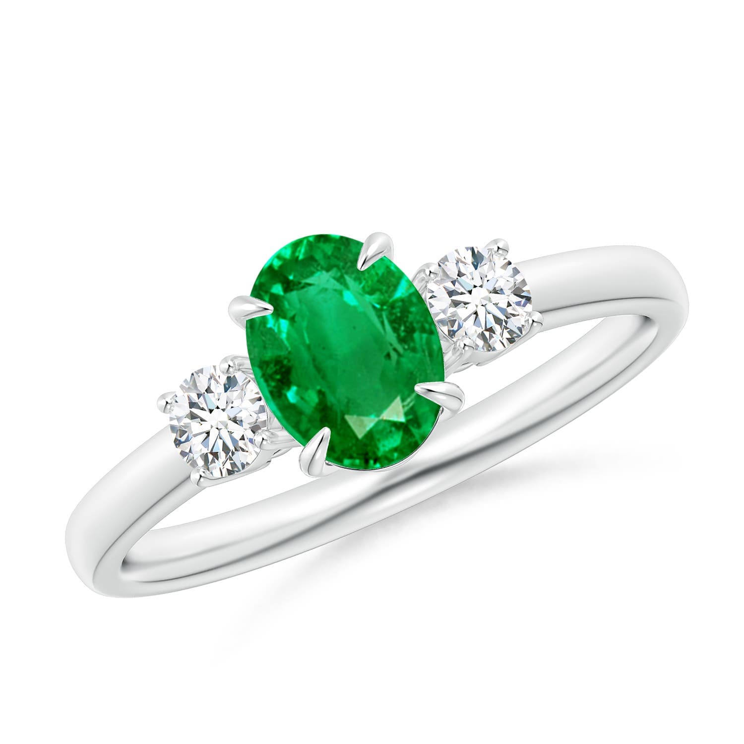 Oval Emerald and Round Diamond Three Stone Engagement Ring