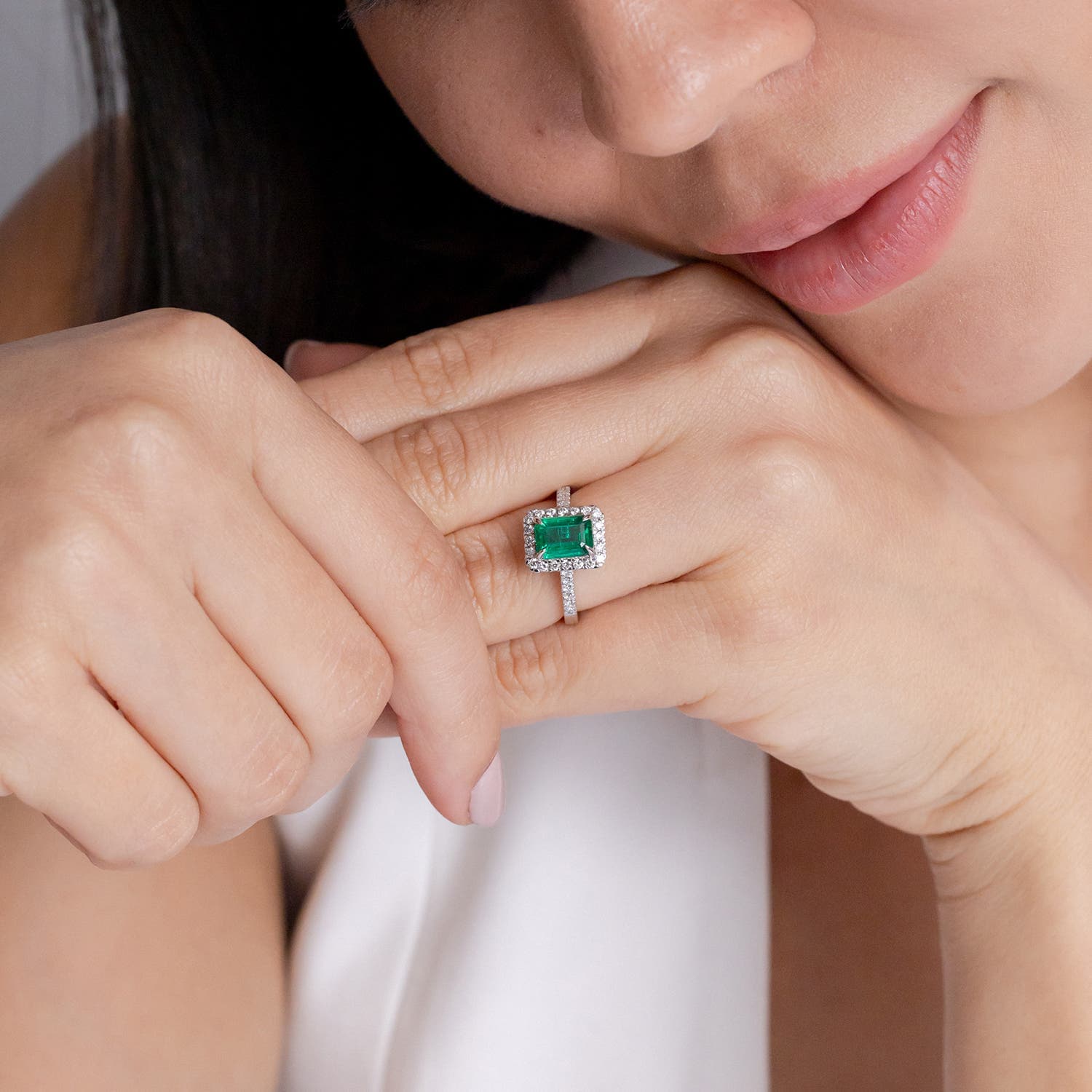 Emerald-Cut Emerald Engagement Ring with Diamond Halo