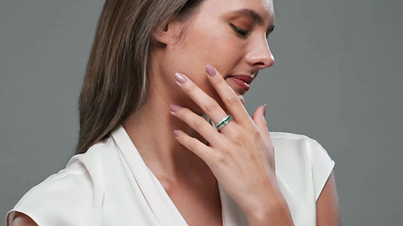 Channel-Set Square Emerald and Diamond Half Eternity Band