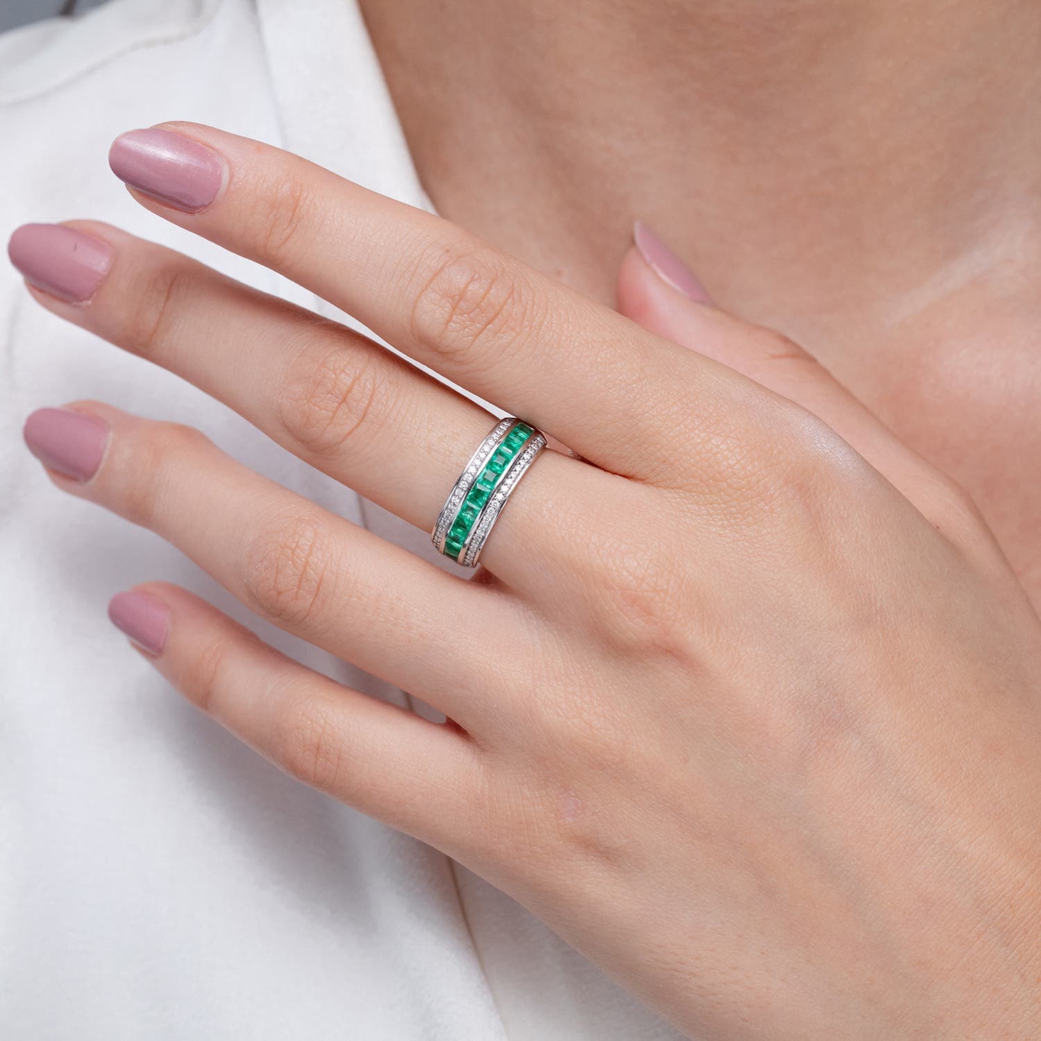 Channel-Set Square Emerald and Diamond Half Eternity Band