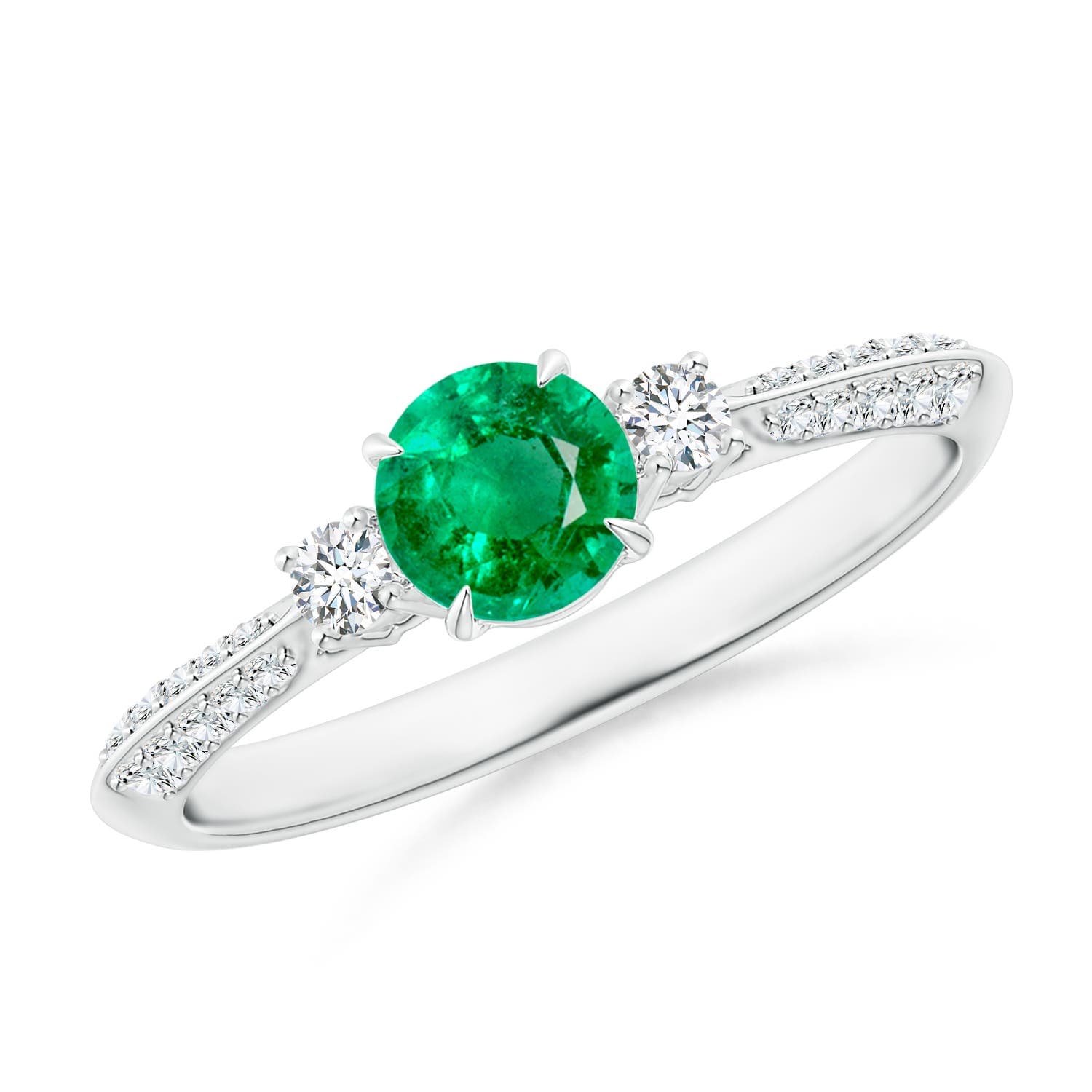 Three Stone Emerald and Diamond Knife-Edge Shank Engagement Ring