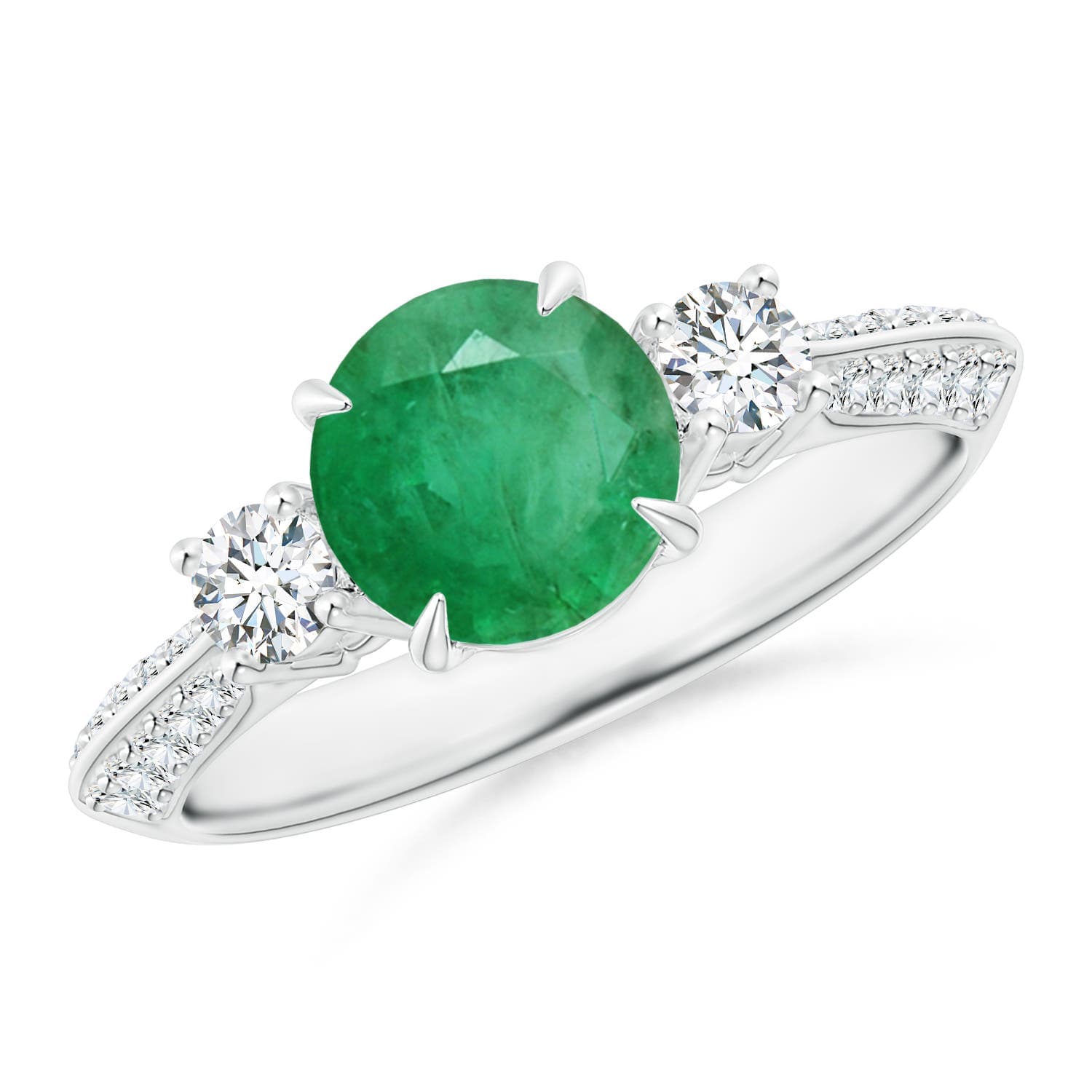 Three Stone Emerald and Diamond Knife-Edge Shank Engagement Ring