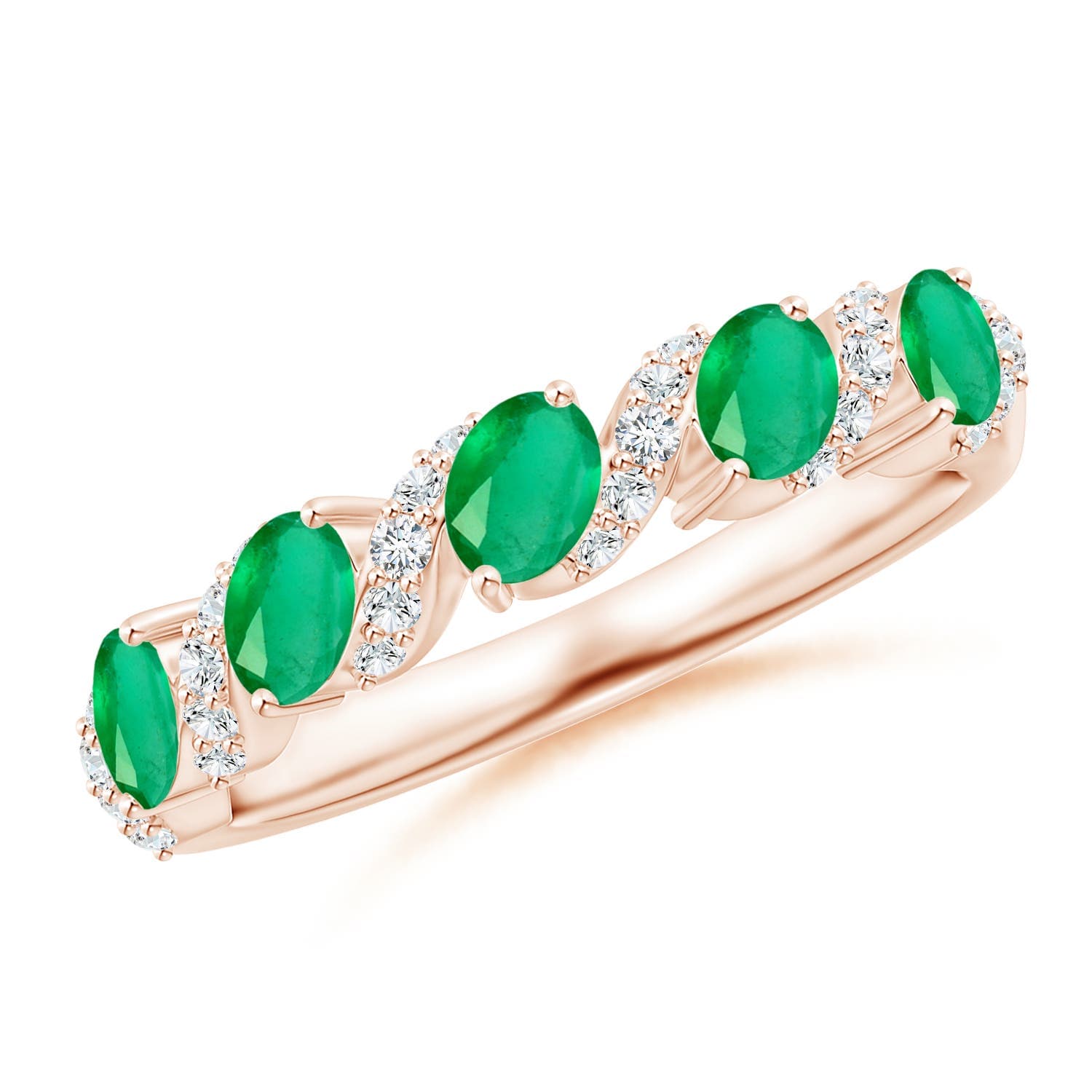 Five Stone Oval Emerald Swirl Ring with Diamonds