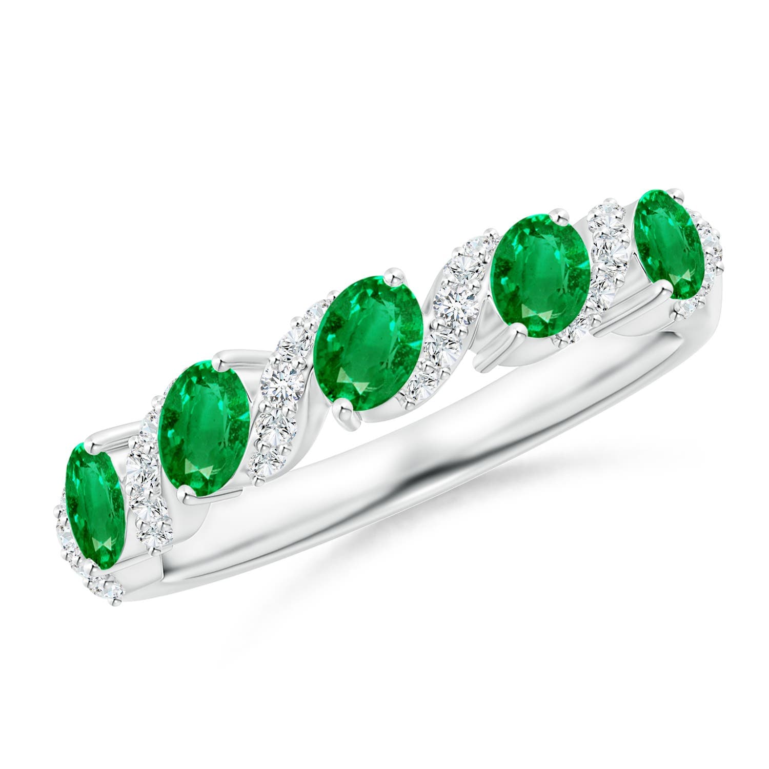 Five Stone Oval Emerald Swirl Ring with Diamonds