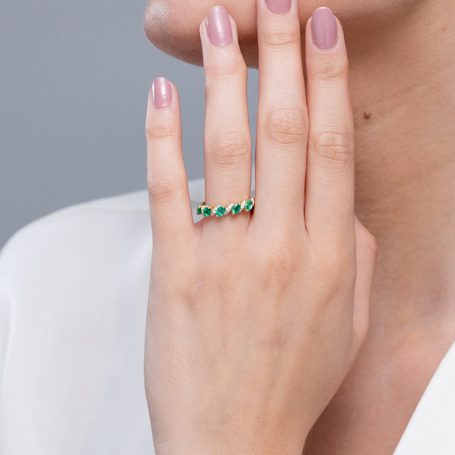 Five Stone Oval Emerald Swirl Ring with Diamonds