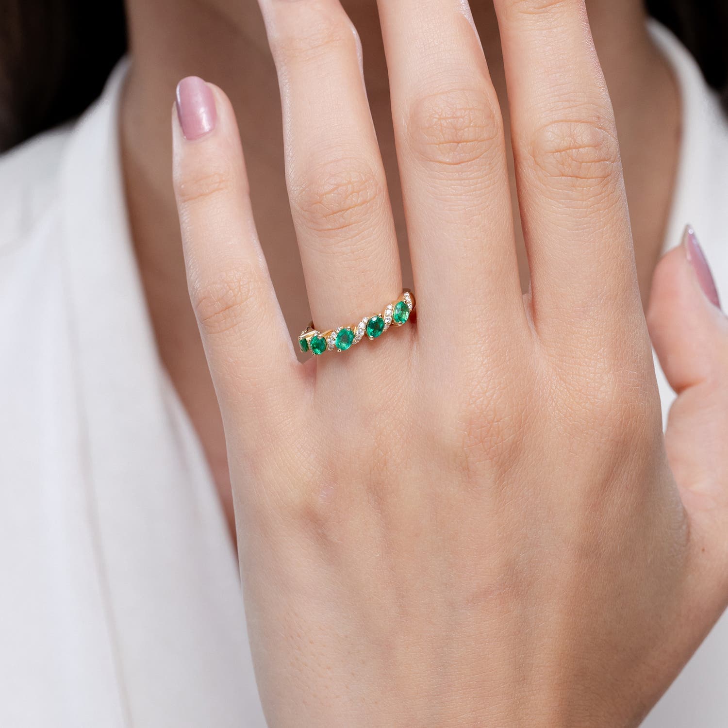 Five Stone Oval Emerald Swirl Ring with Diamonds