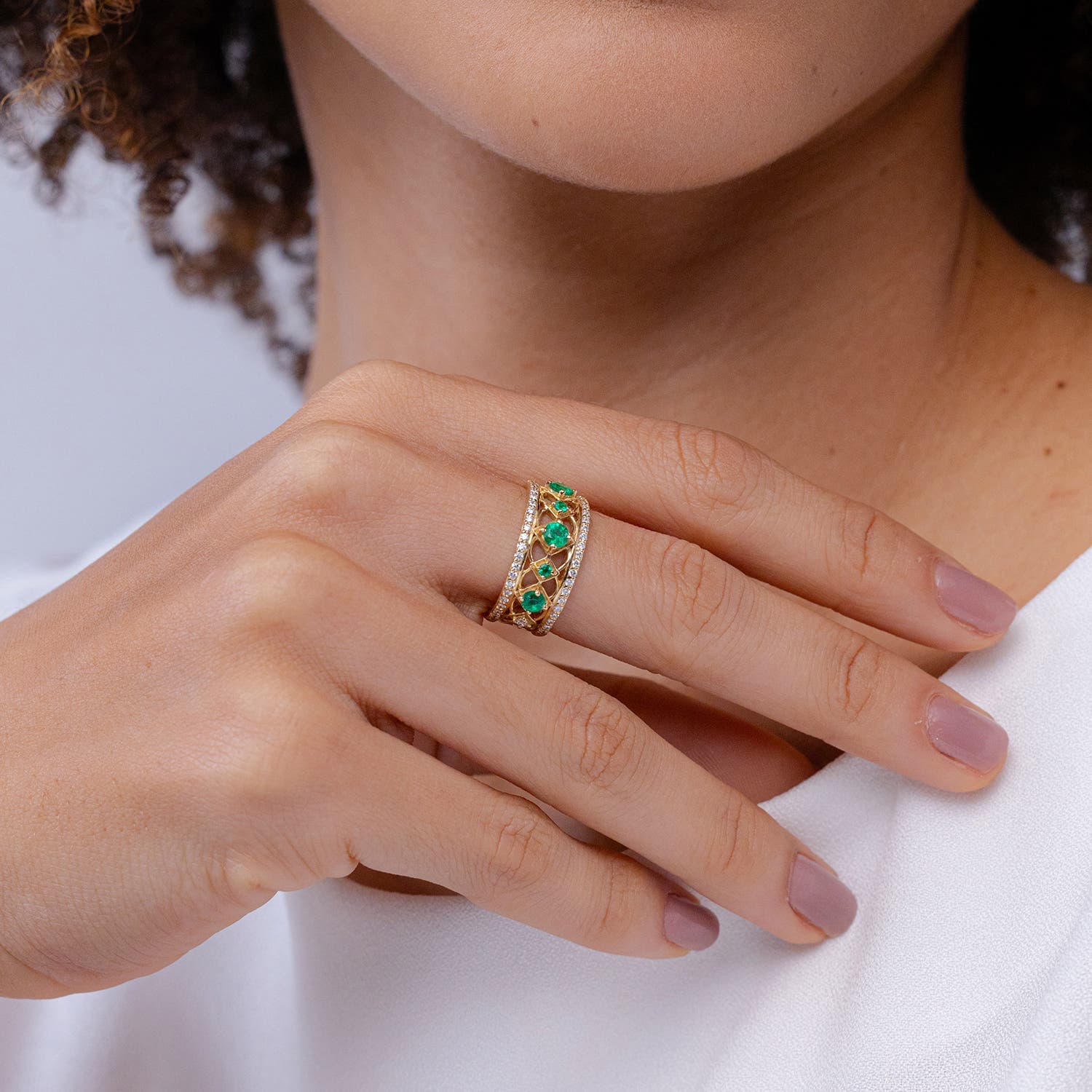 Art Deco Inspired Graduated Emerald and Diamond Ring