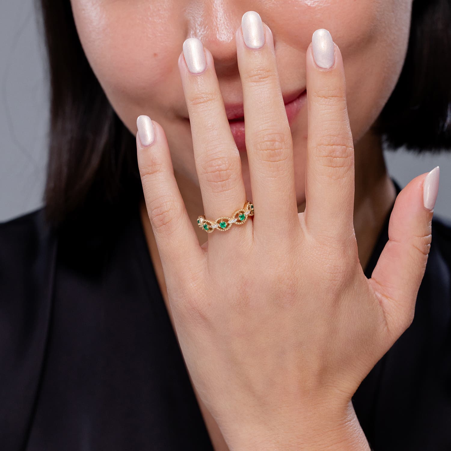 Art Deco Style Emerald Scalloped Anniversary Ring