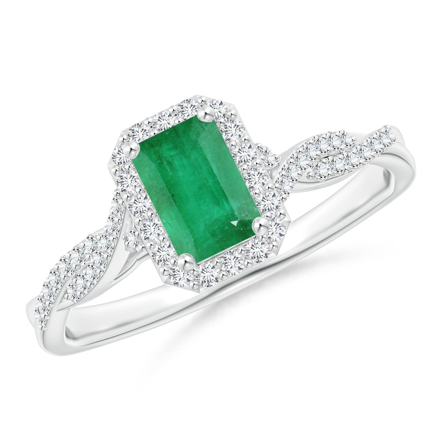 Emerald-Cut Emerald Halo Twisted Shank Engagement Ring