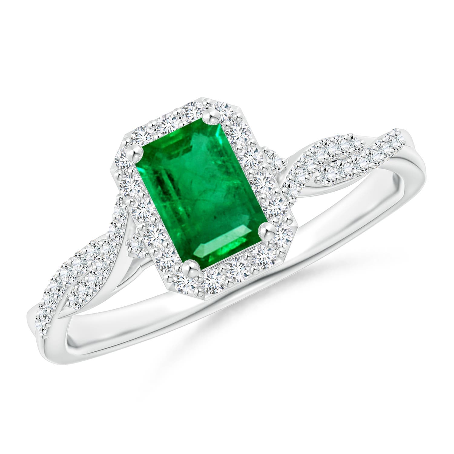 Emerald-Cut Emerald Halo Twisted Shank Engagement Ring