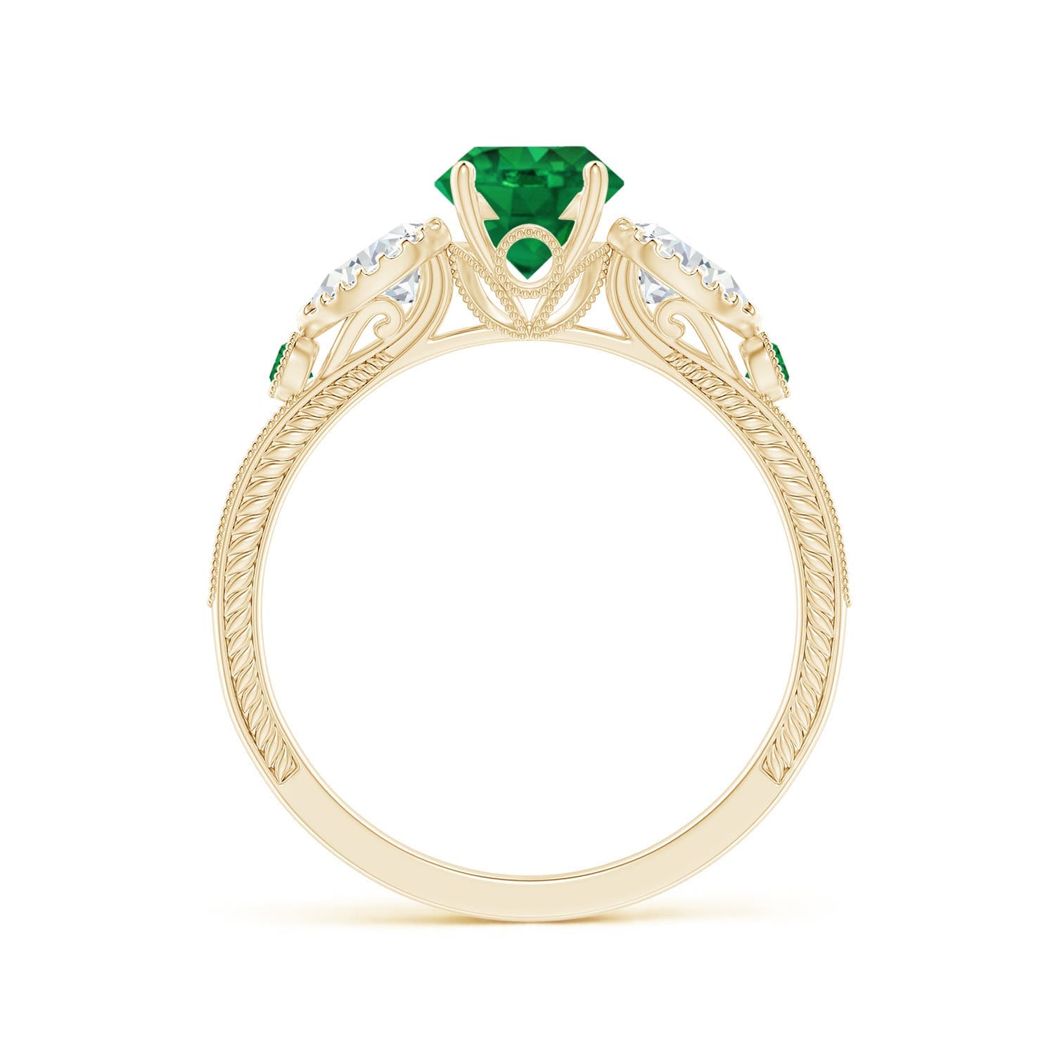 Aeon Vintage Style Emerald and Diamond Three Stone Engagement Ring with Milgrain