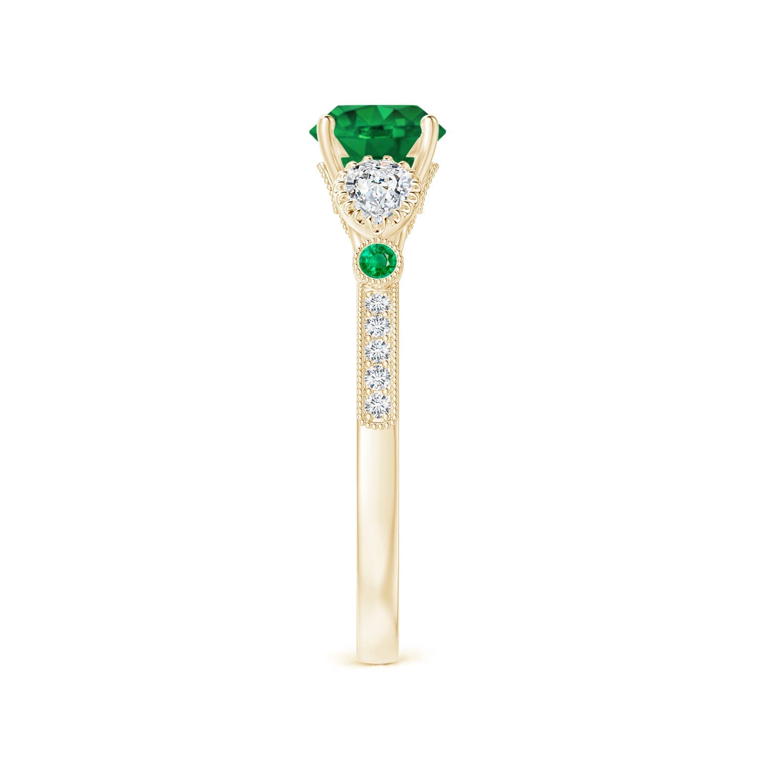 Aeon Vintage Style Emerald and Diamond Three Stone Engagement Ring with Milgrain