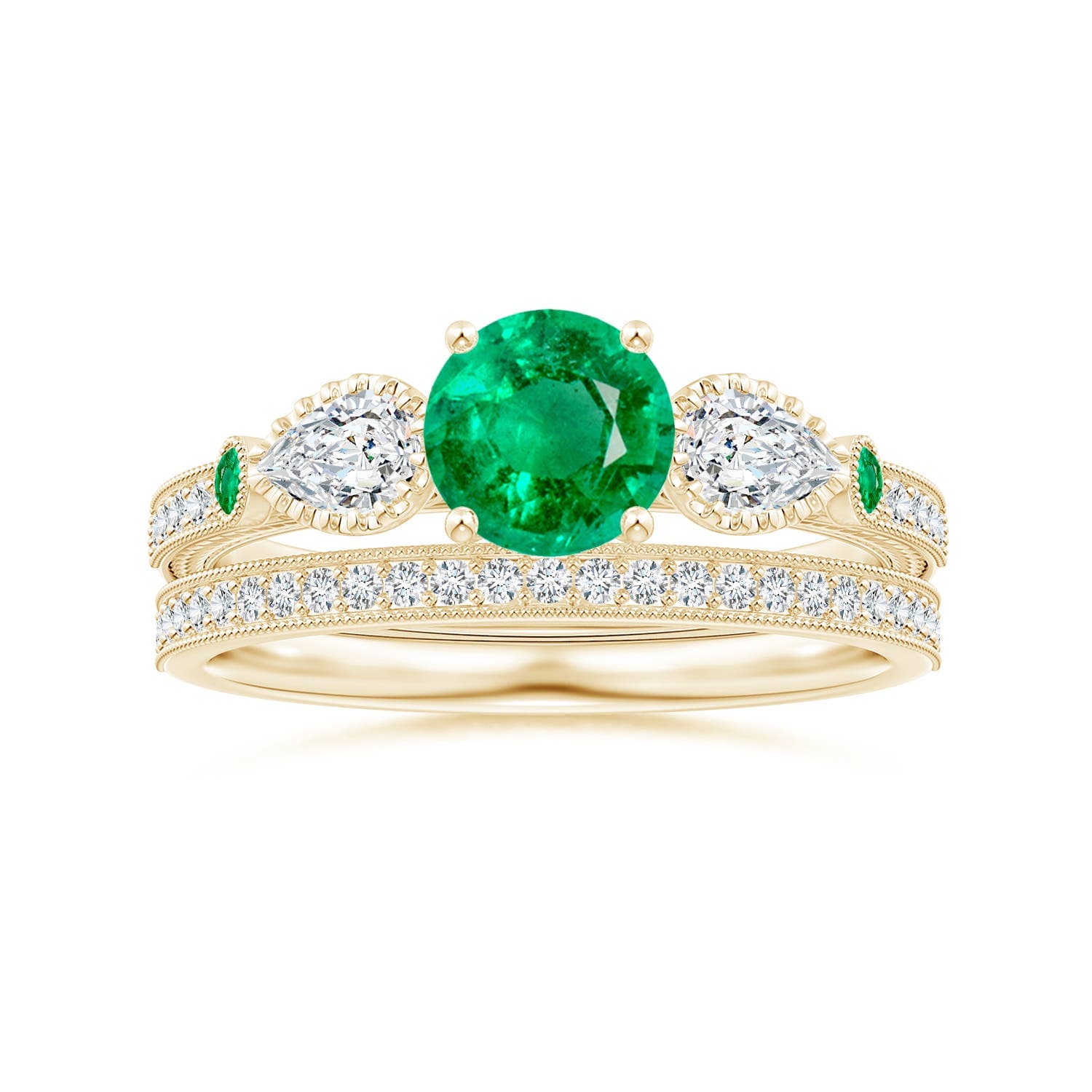 Aeon Vintage Style Emerald and Diamond Three Stone Engagement Ring with Milgrain