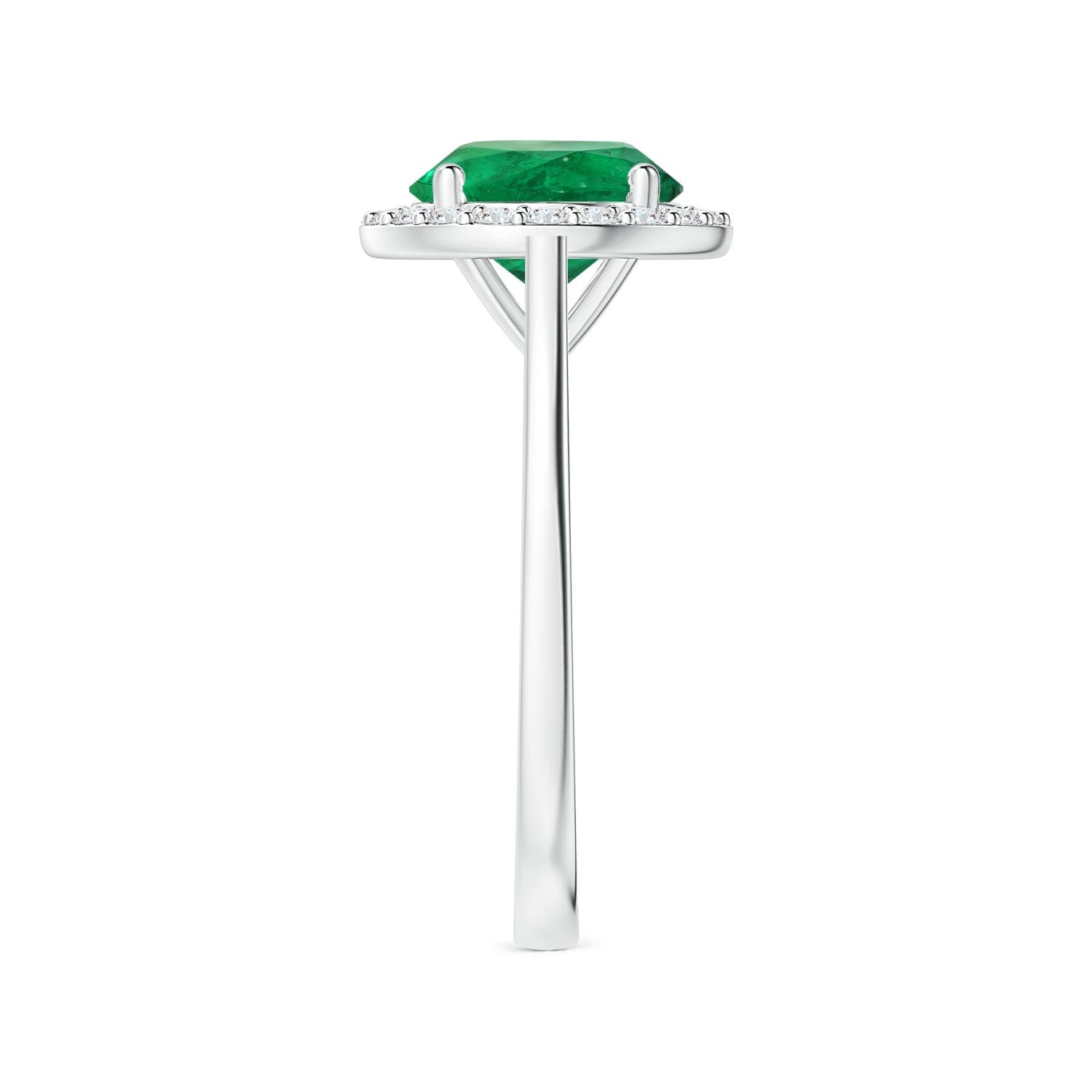 GIA Certified Round Emerald Reverse Tapered Shank Ring with Halo