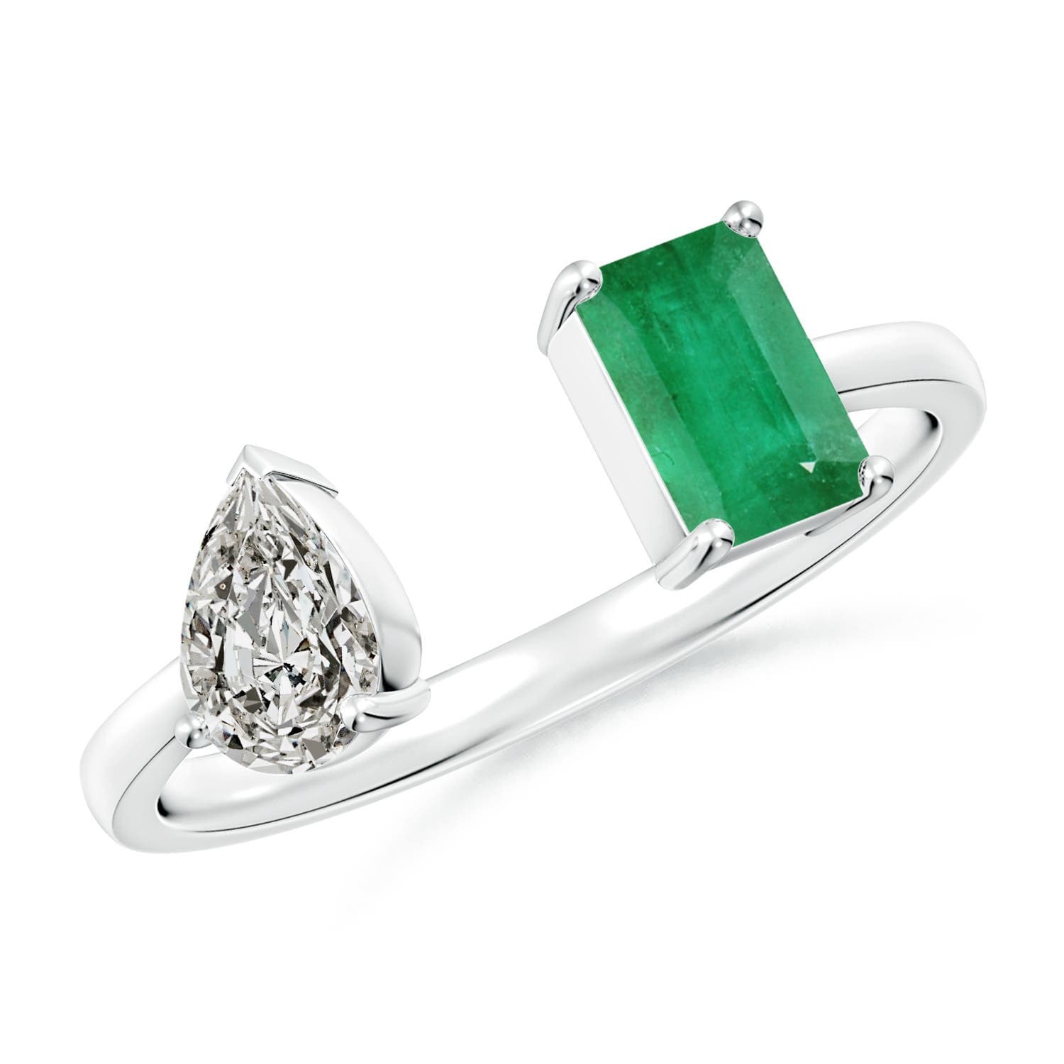 Two-Stone Emerald-Cut Emerald & Pear Diamond Open Ring