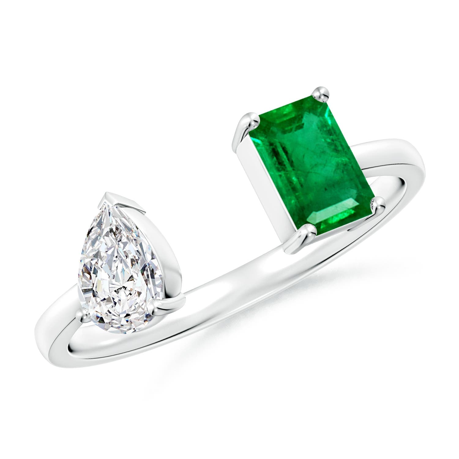 Two-Stone Emerald-Cut Emerald & Pear Diamond Open Ring
