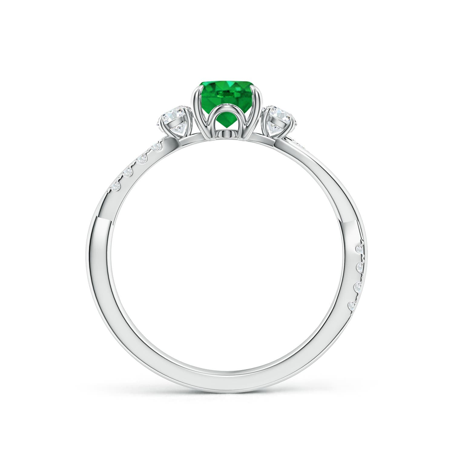 Three Stone Oval Emerald & Round Diamond Engagement Ring