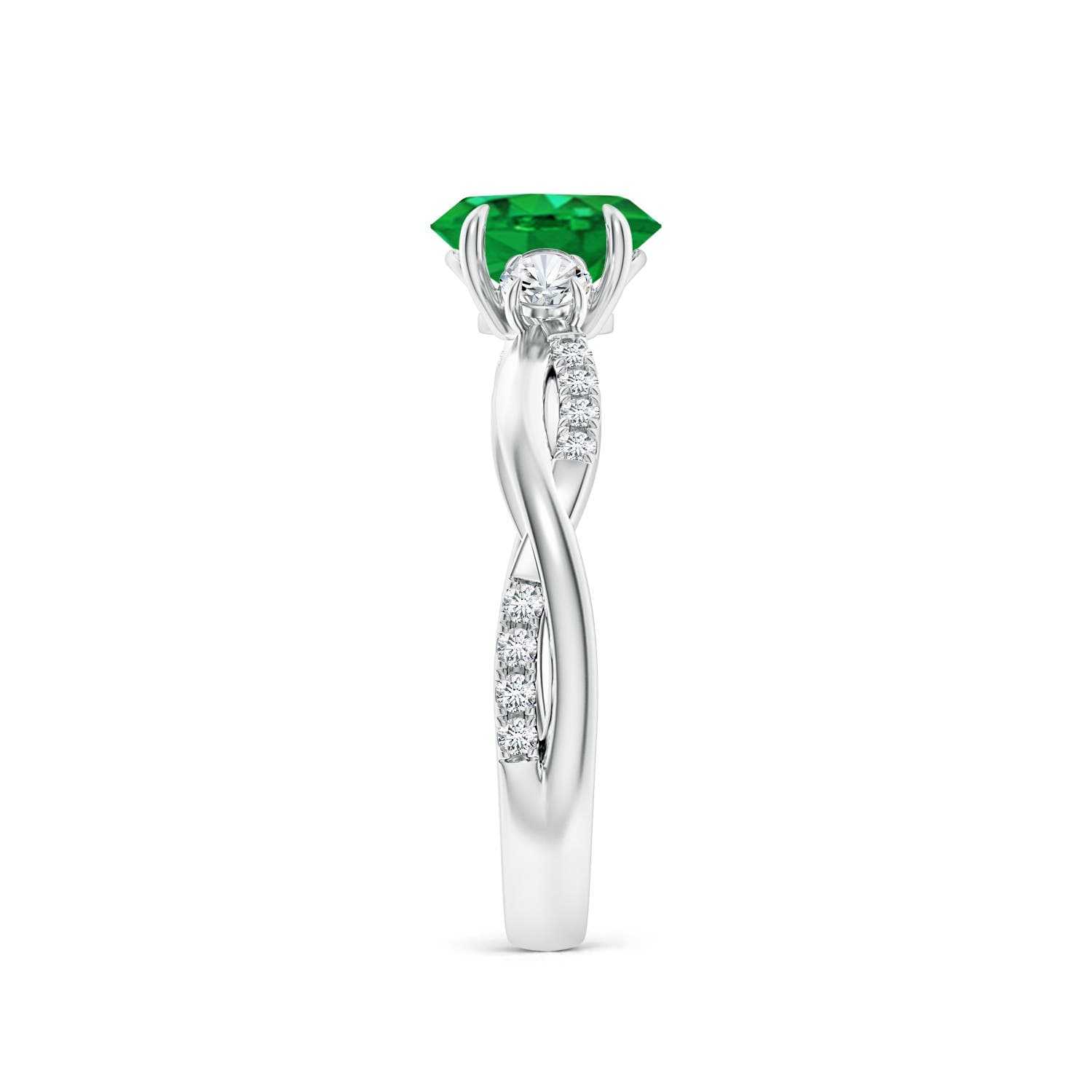 Three Stone Oval Emerald & Round Diamond Engagement Ring