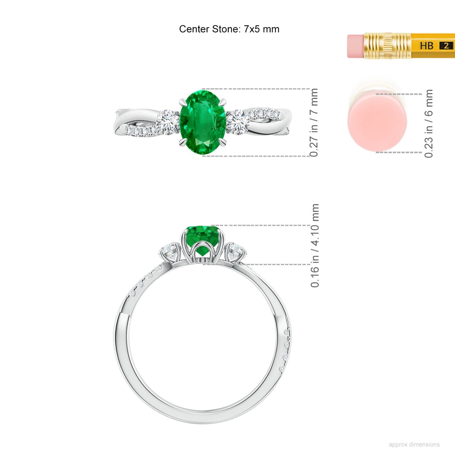 Three Stone Oval Emerald & Round Diamond Engagement Ring
