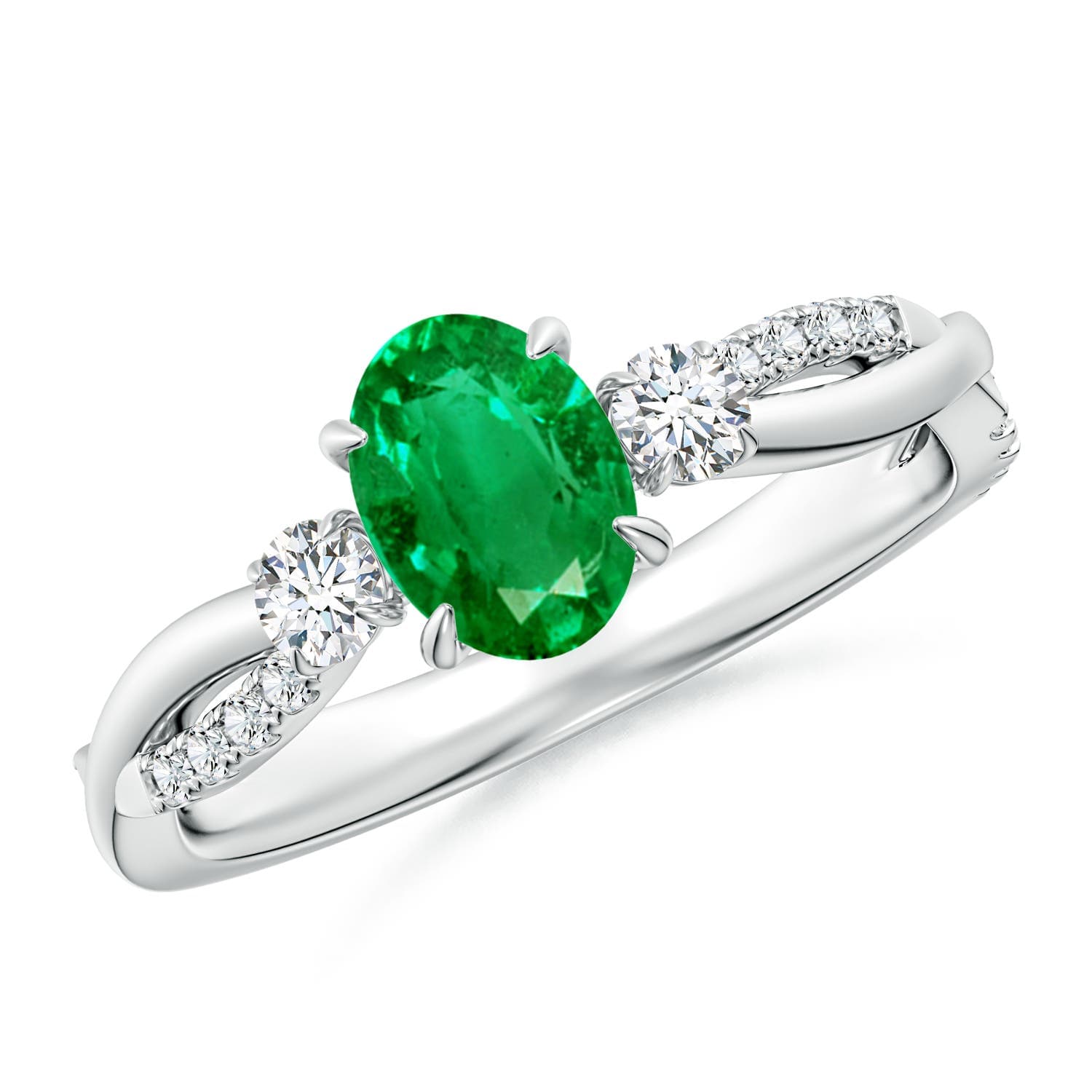 Three Stone Oval Emerald & Round Diamond Engagement Ring