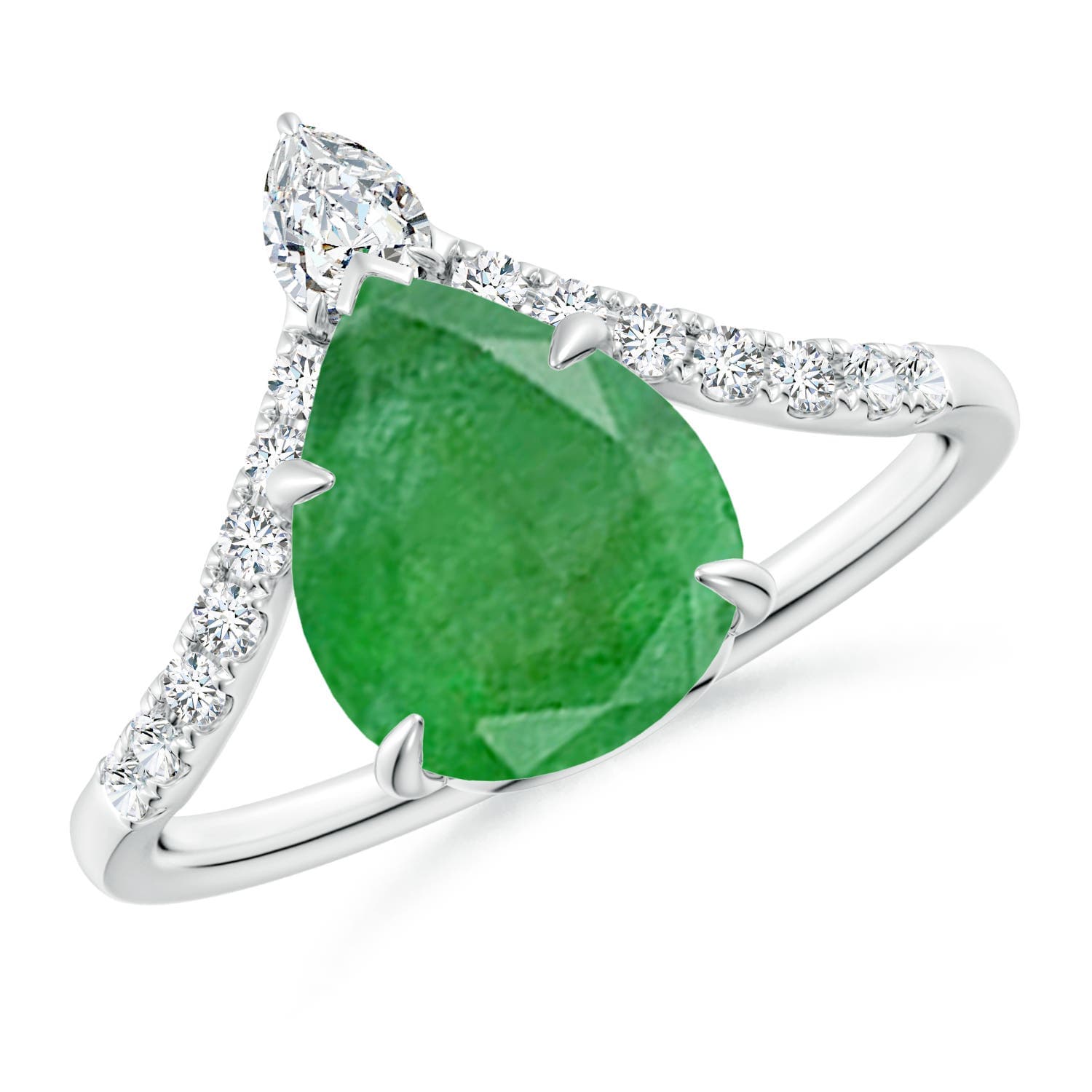 Pear Emerald and Diamond Chevron Engagement Ring