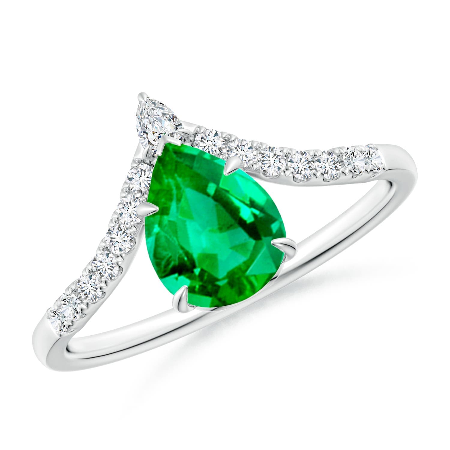 Pear Emerald and Diamond Chevron Engagement Ring