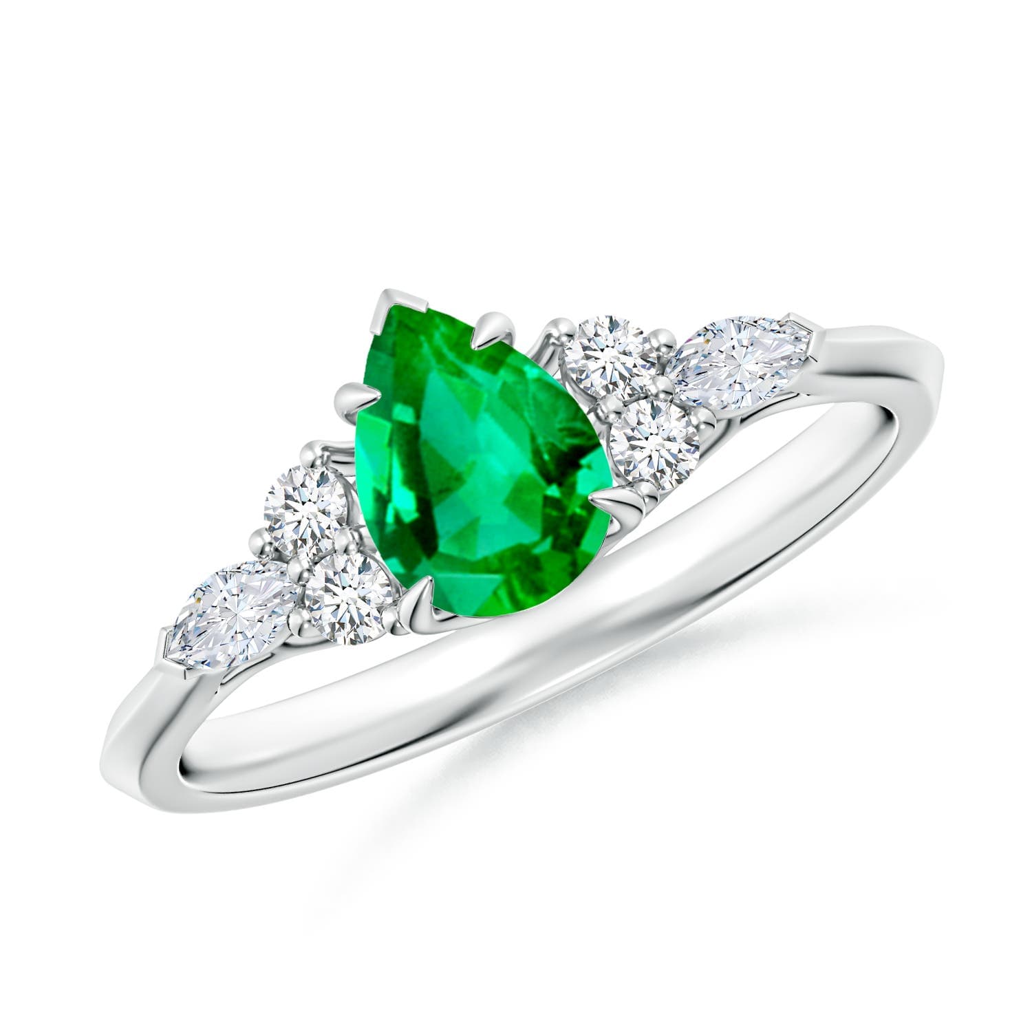 Pear Shape Emerald Side Stone Engagement Ring with Diamonds