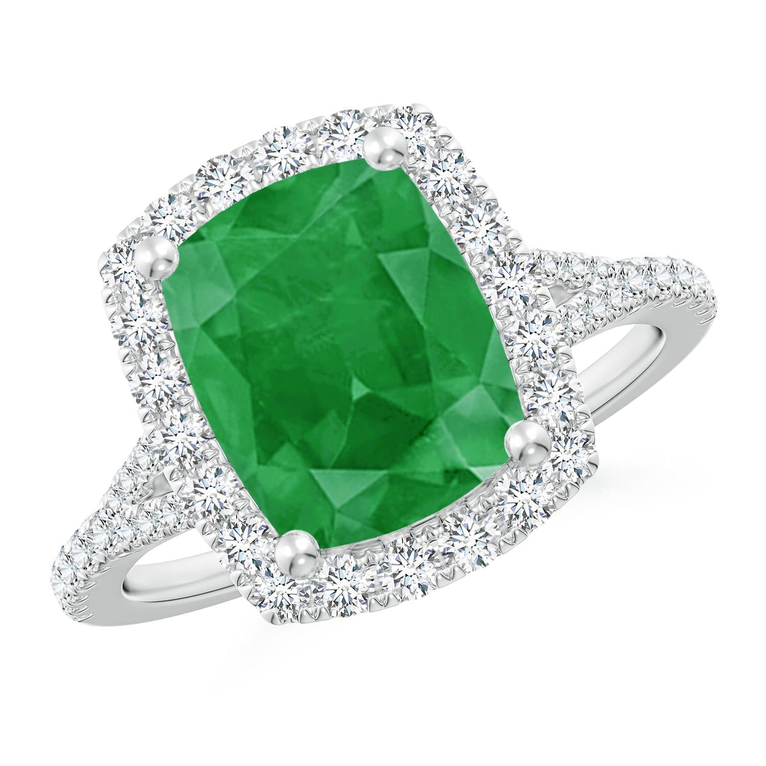 Cushion Rectangular Emerald Halo Split Shank Engagement Ring
