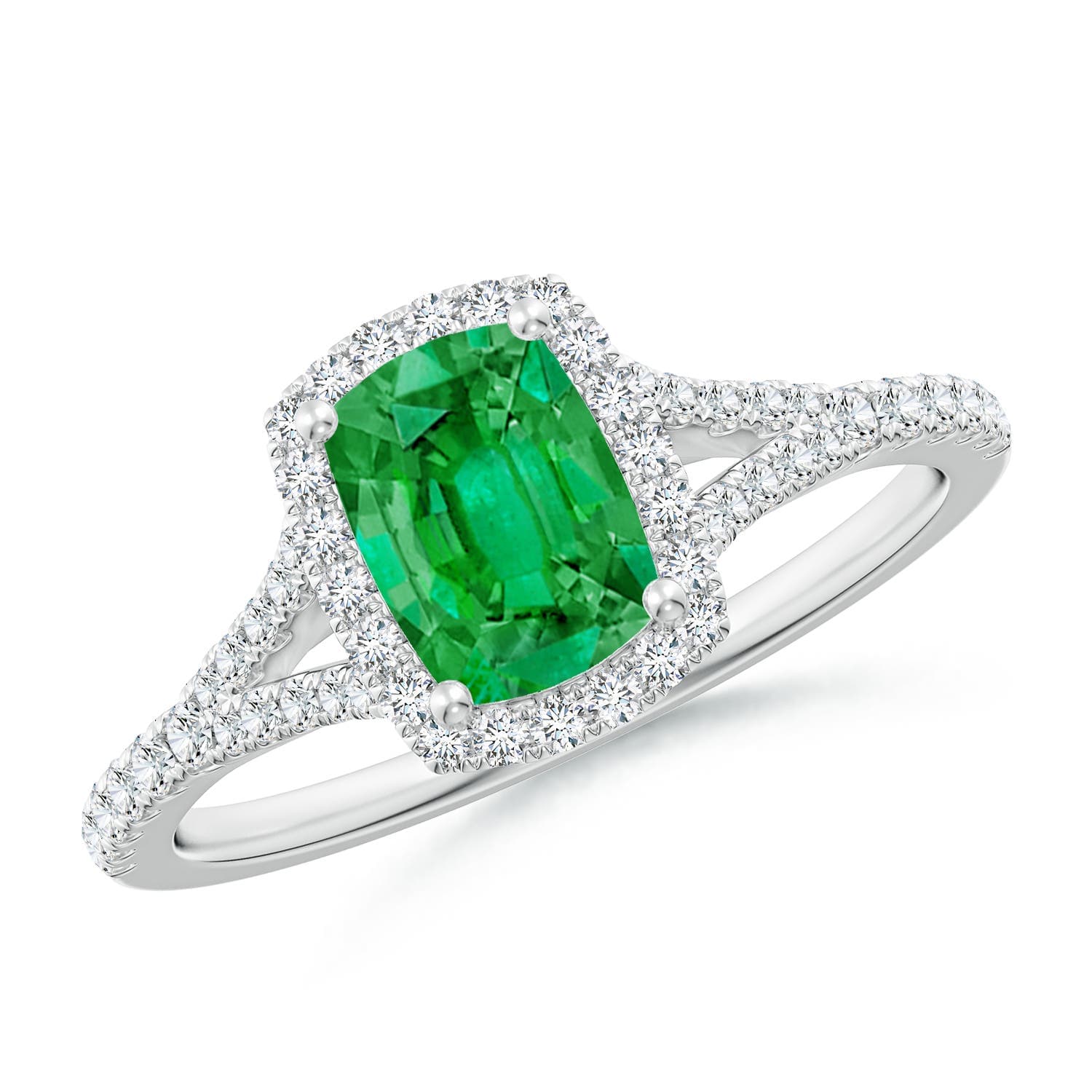 Cushion Rectangular Emerald Halo Split Shank Engagement Ring