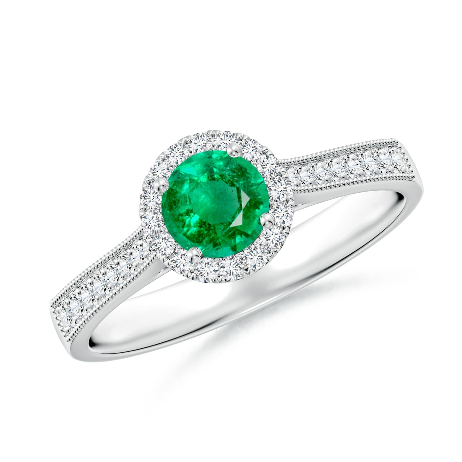 Round Emerald Reverse Tapered Shank Halo Engagement Ring