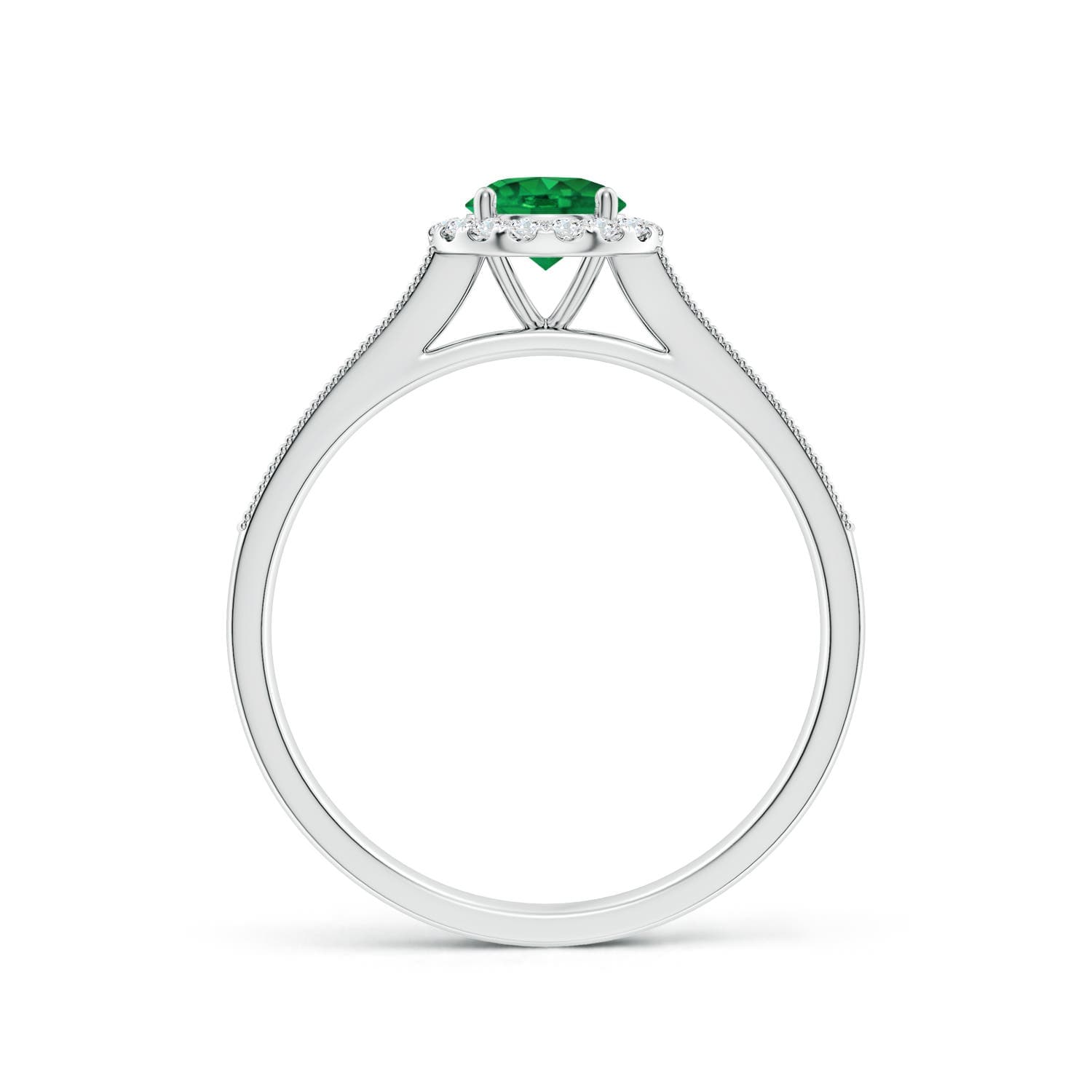 Round Emerald Reverse Tapered Shank Halo Engagement Ring