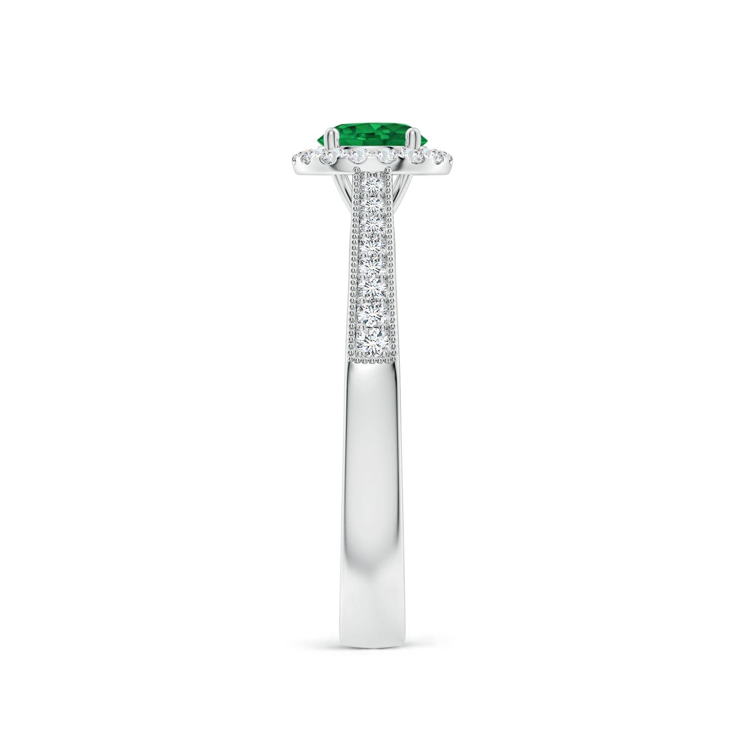 Round Emerald Reverse Tapered Shank Halo Engagement Ring