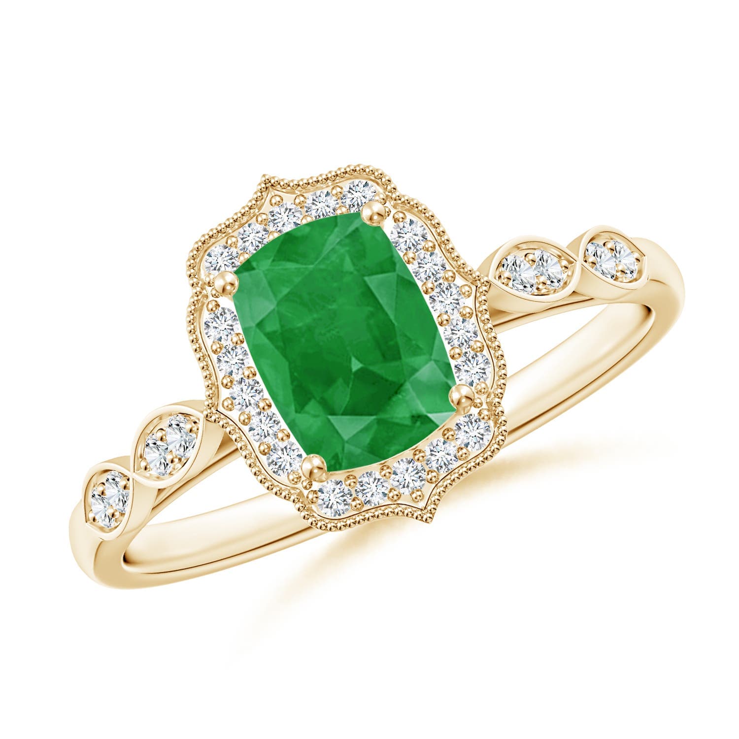 Vintage Inspired Cushion Rectangular Emerald Ornate Halo Engagement Ring