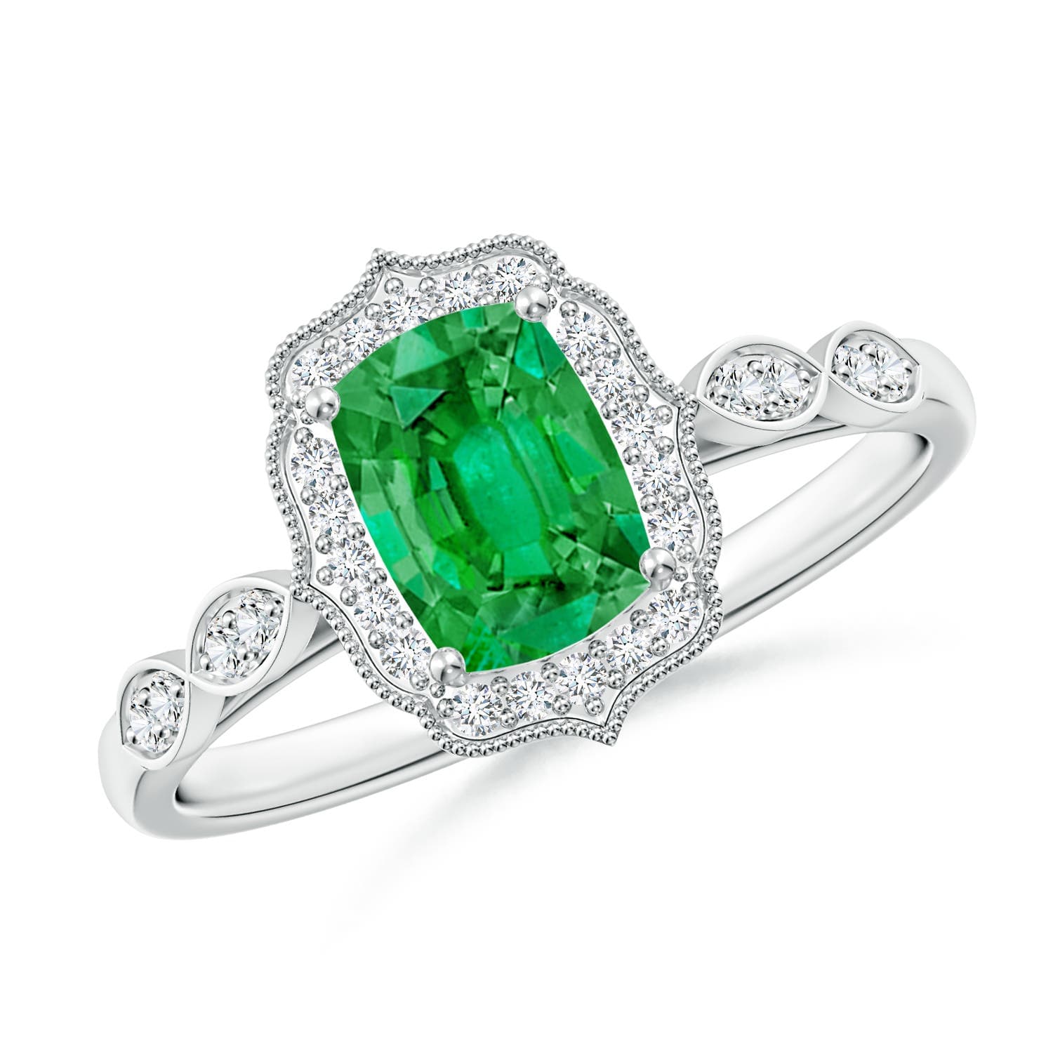 Vintage Inspired Cushion Rectangular Emerald Ornate Halo Engagement Ring