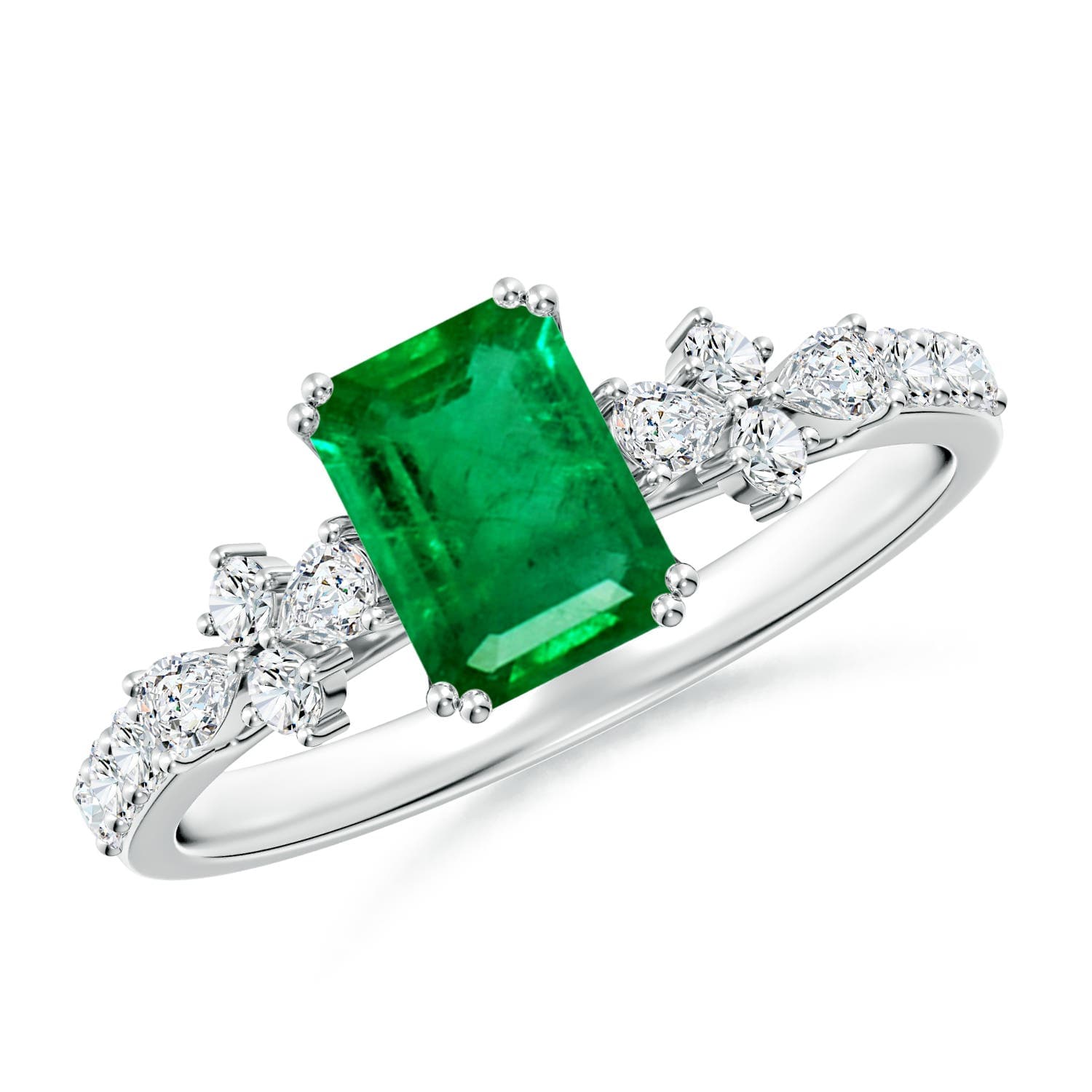 Emerald-Cut Emerald Side Stone Engagement Ring with Accents