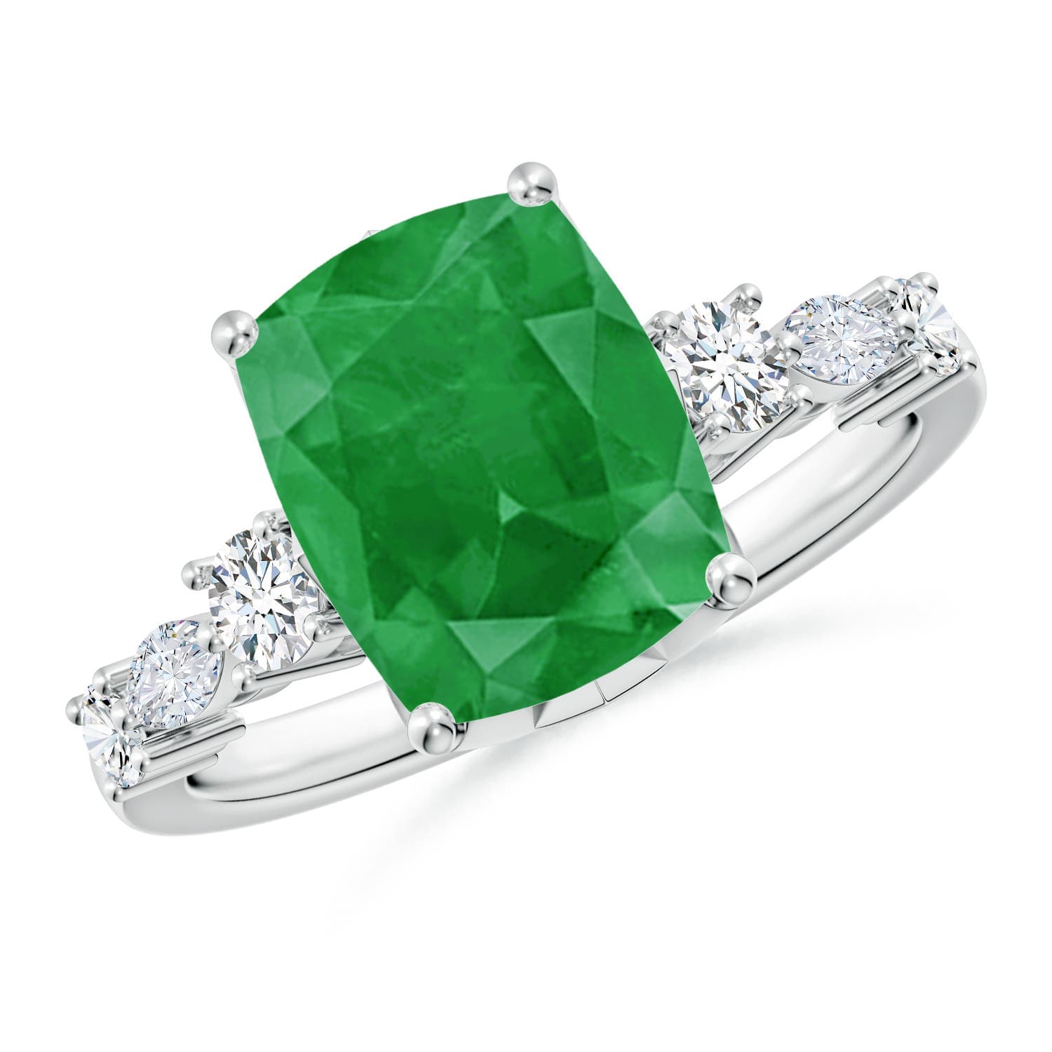 Classic Cushion Rectangular Emerald Side Stone Engagement Ring