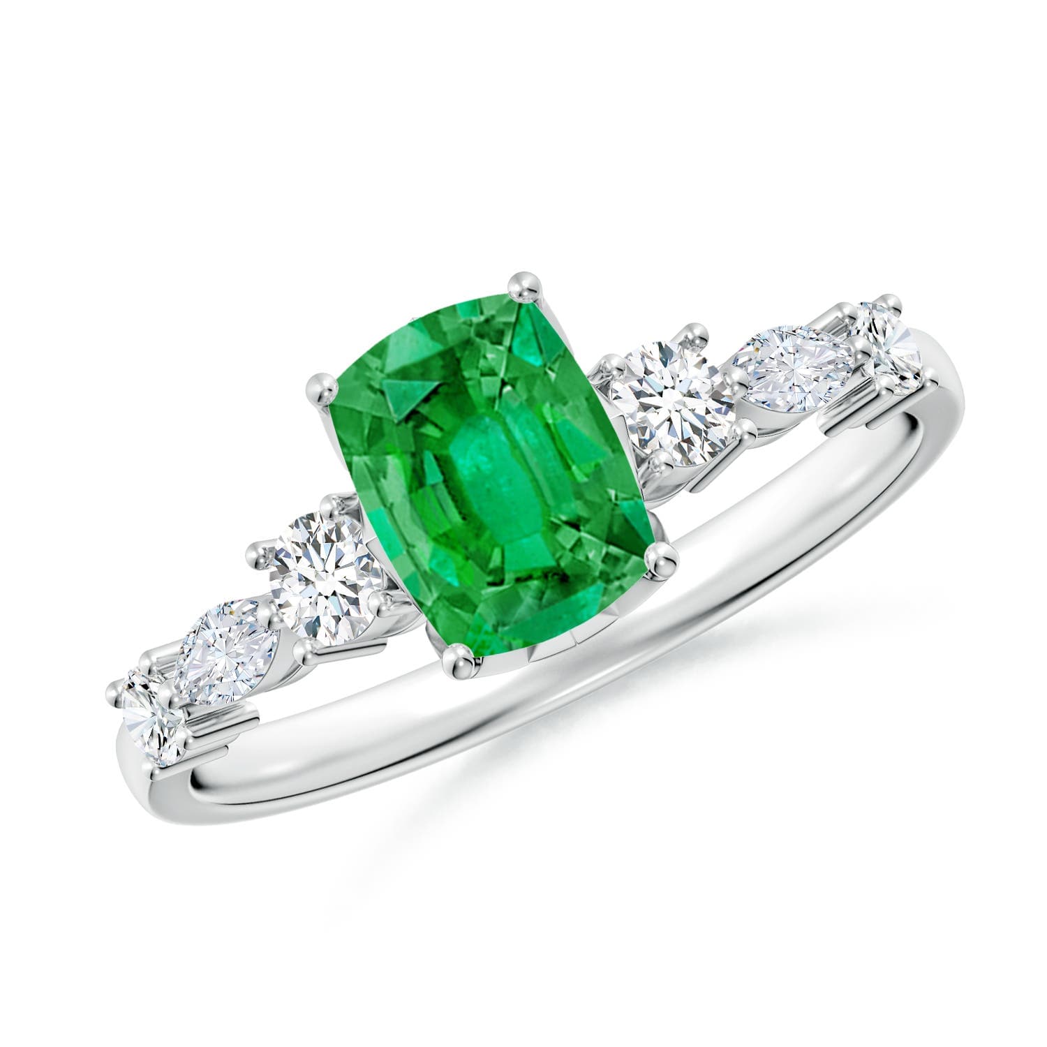 Classic Cushion Rectangular Emerald Side Stone Engagement Ring