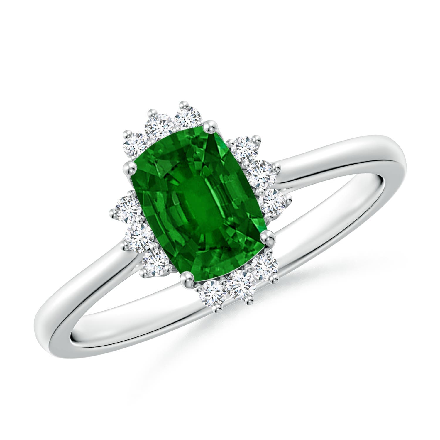Prong-Set Cushion Rectangular Emerald Halo Engagement Ring