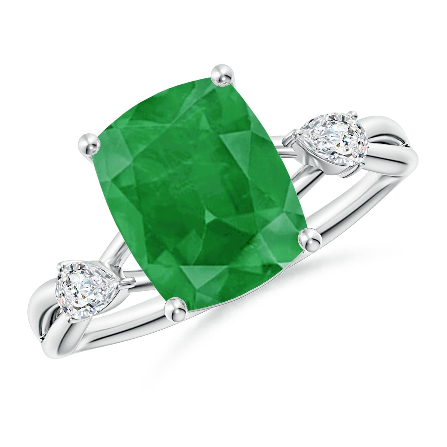 Nature Inspired Cushion Rectangular Emerald Side Stone Engagement Ring