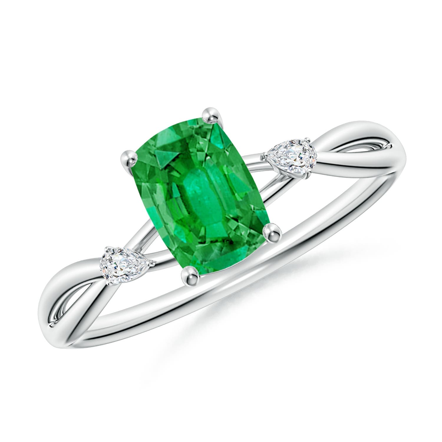 Nature Inspired Cushion Rectangular Emerald Side Stone Engagement Ring