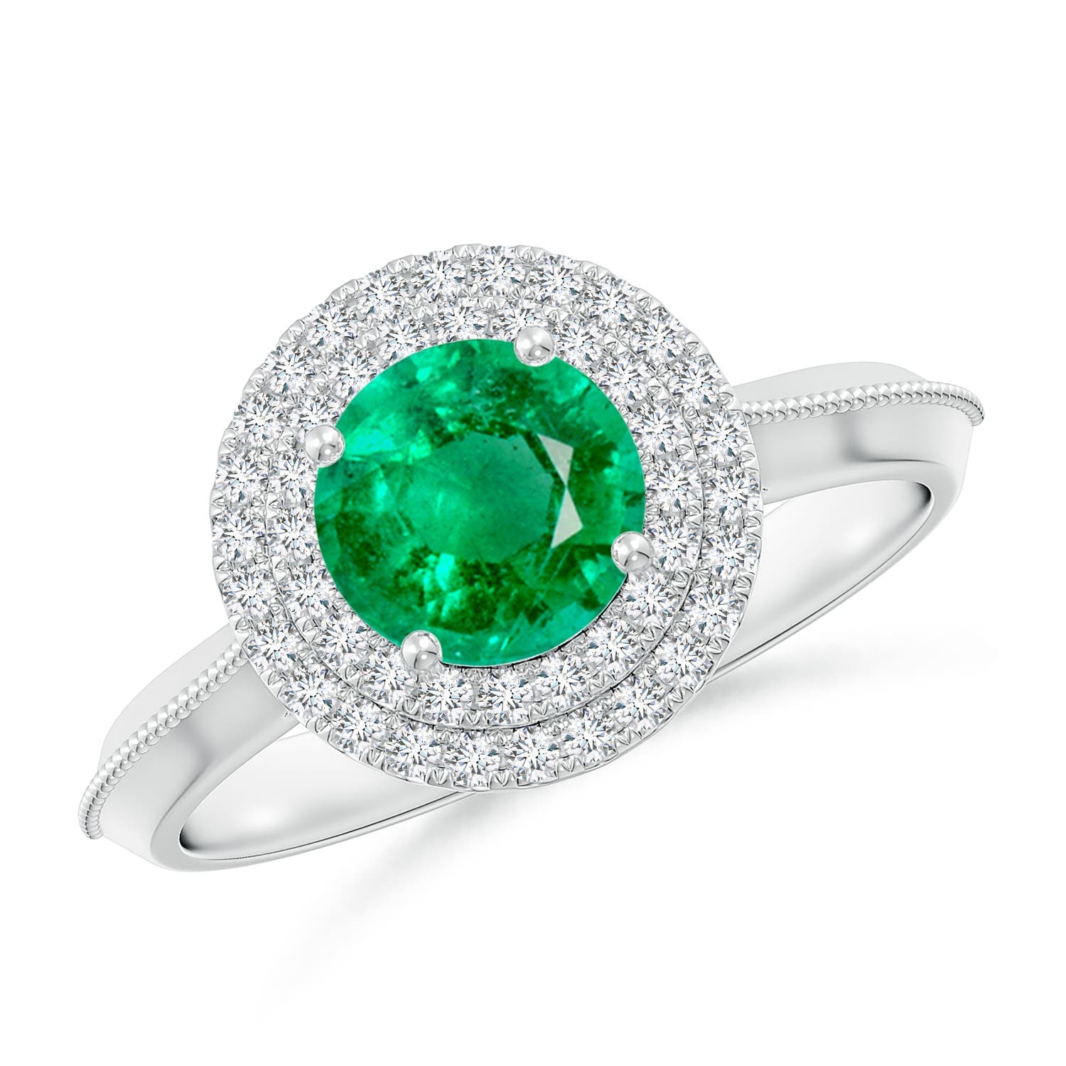 Vintage Inspired Round Emerald Double Halo Engagement Ring