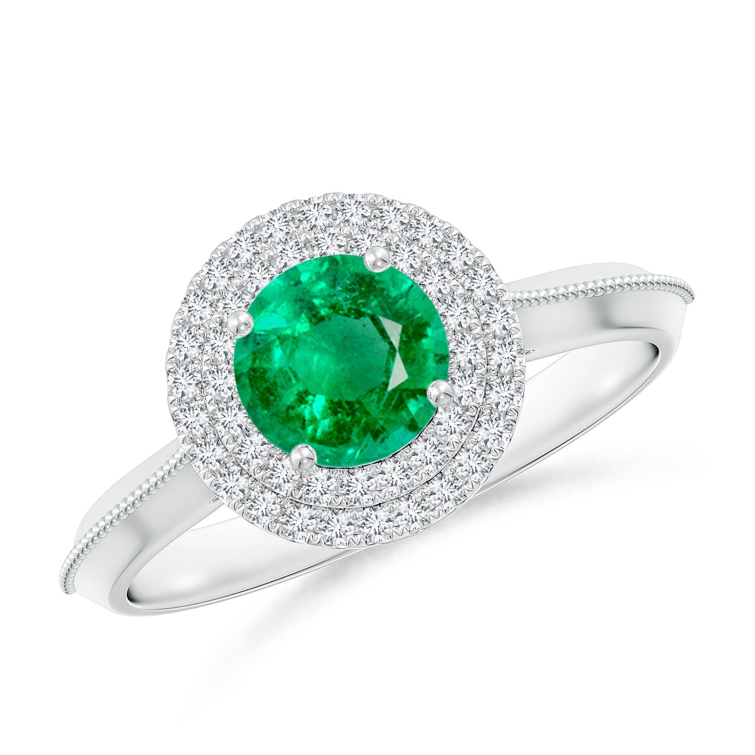 Vintage Inspired Round Emerald Double Halo Engagement Ring