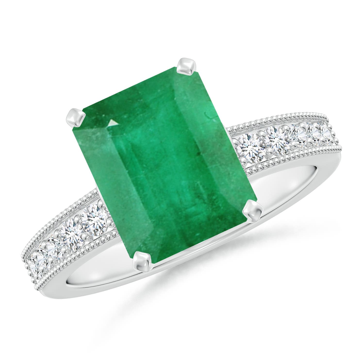 Vintage Style Emerald-Cut Emerald Engagement Ring with Accents