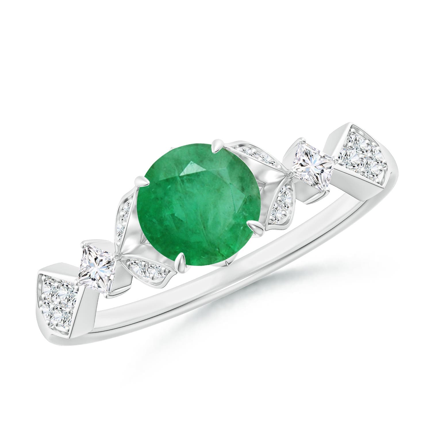 Vintage Style Round Emerald Engagement Ring with Leaf Motifs