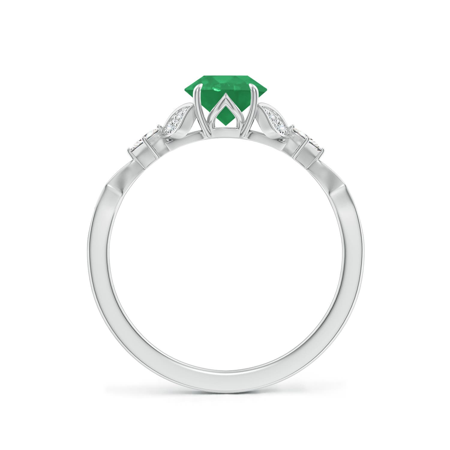Vintage Style Round Emerald Engagement Ring with Leaf Motifs